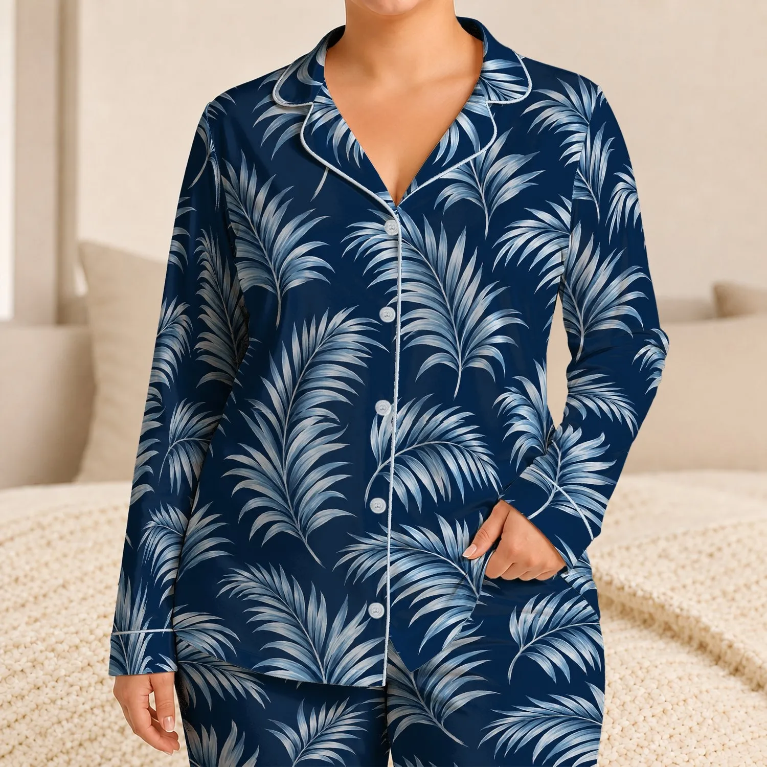 Silver Palm Fronds for Relaxed Coastal Evenings and Breezy Tropical Getaways Satin Pajamas Set - 1