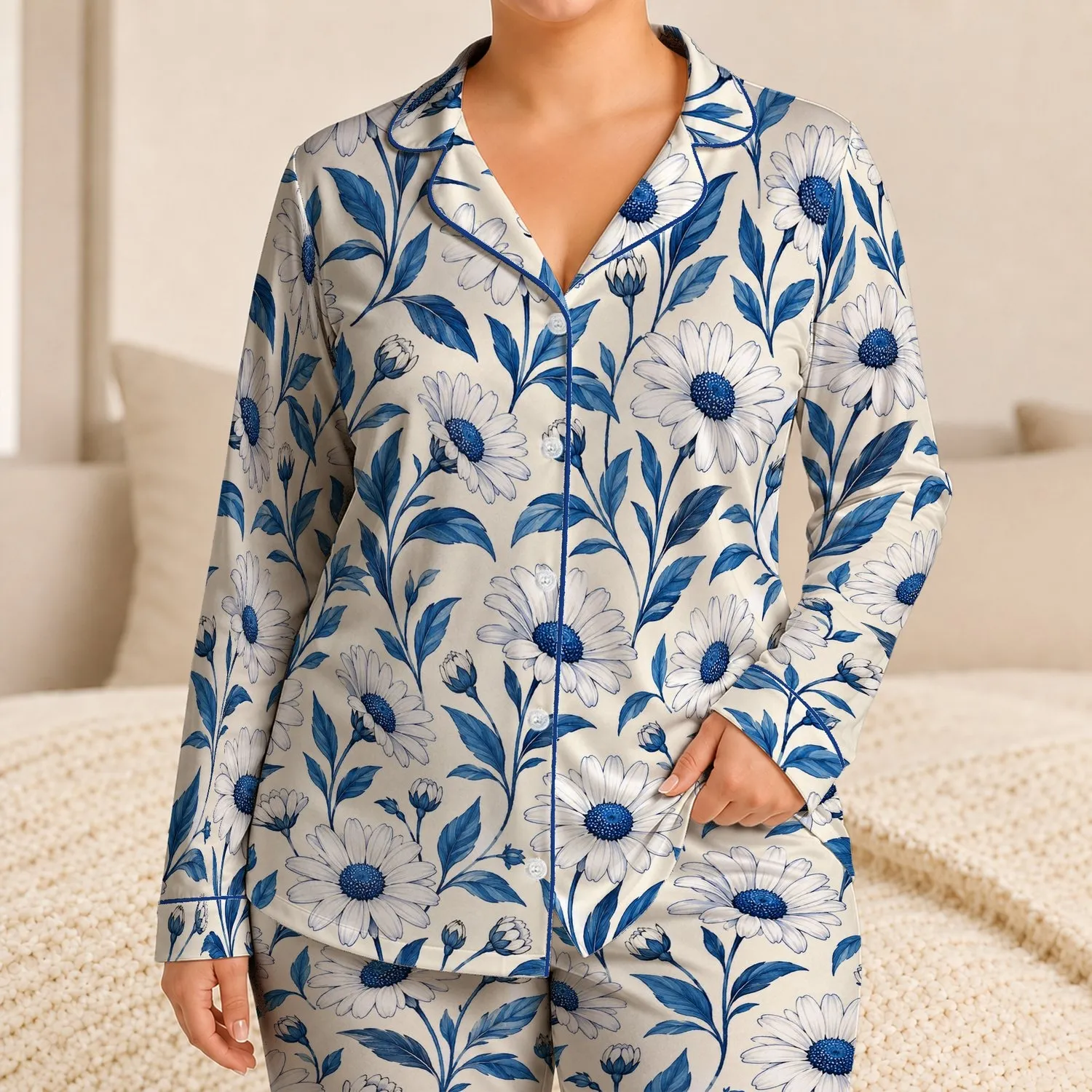 Blue Daisy and Leaf Motifs for Calm Botanical Lounging and Relaxed Home Evenings Satin Pajamas Set - 1