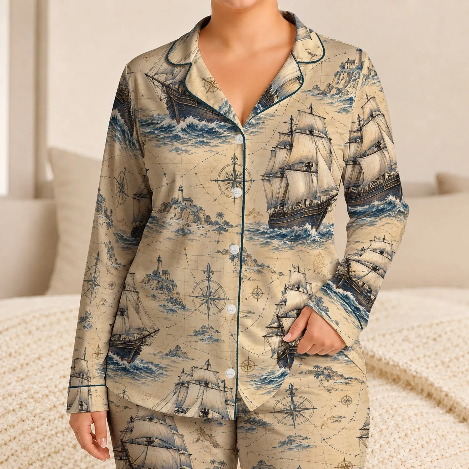 Vintage Sailing Ships for Coastal Summer Escapes and Beach Vacation Style Satin Pajamas Set - 1