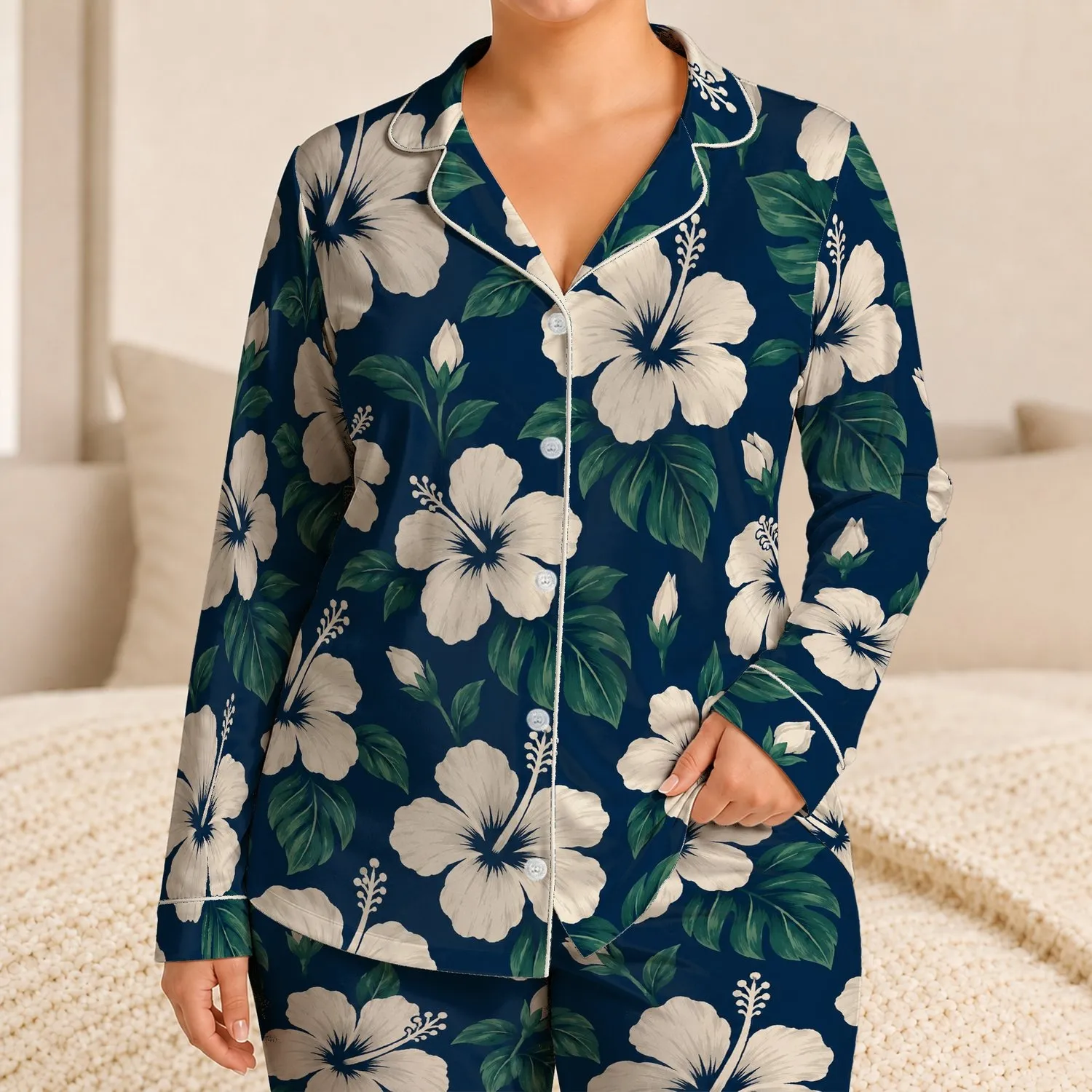 Navy Hibiscus and Tropical Flowers for Relaxed Beach Vacations and Island Getaways Satin Pajamas Set - 1