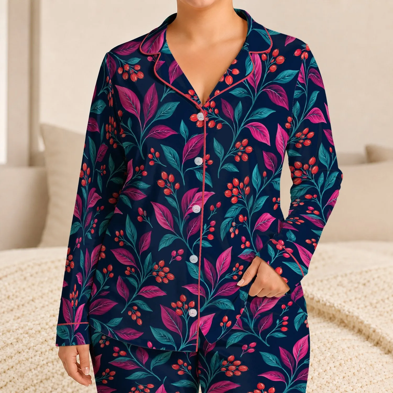 Magenta Leaves and Coral Berries for Cozy Lounging and Relaxed Evenings for Men Satin Pajamas Set - 1