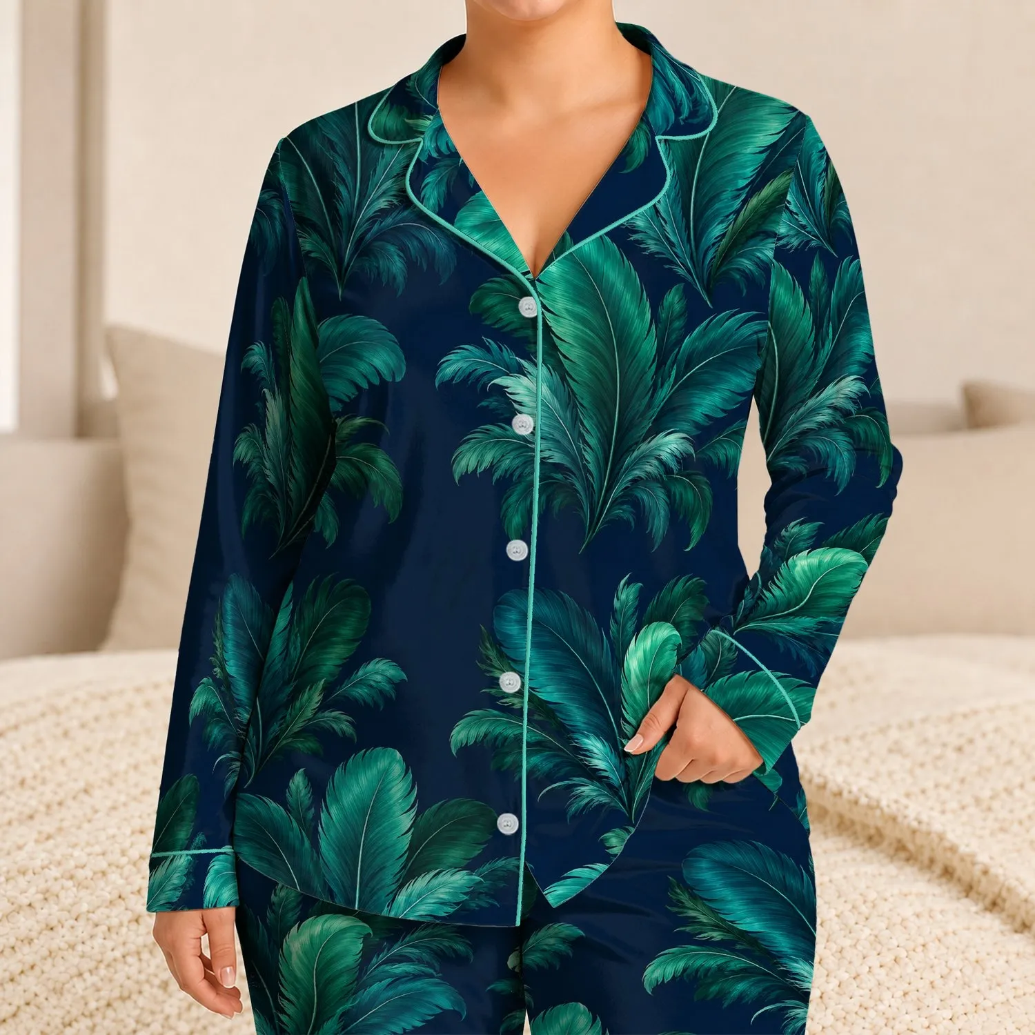 Emerald Teal Feather Clusters for Relaxed Evenings and Cozy Nights Satin Pajamas Set - 1