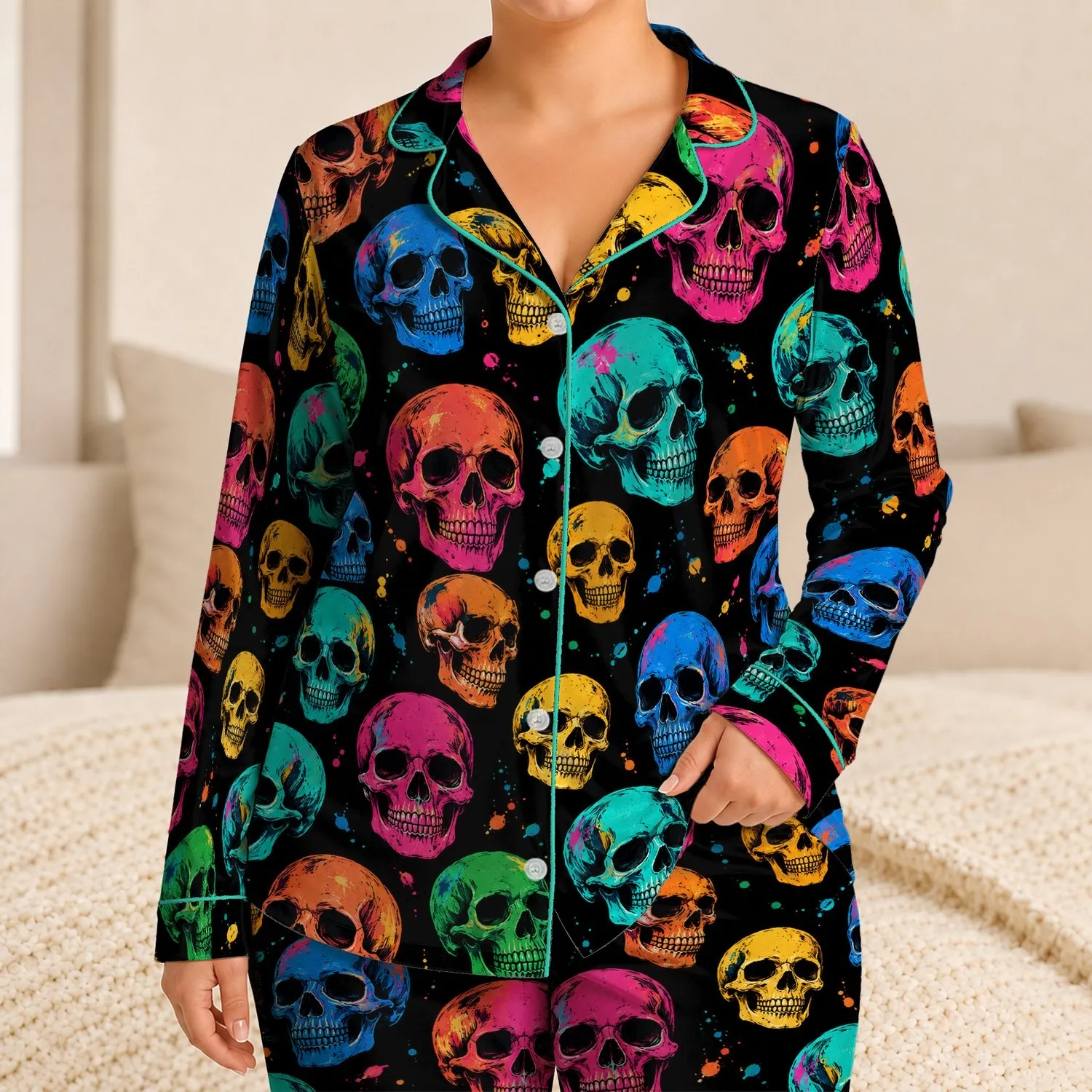 Colorful Neon Skull Art for Beach Vacations and Bold Streetwear Style Satin Pajamas Set - 1