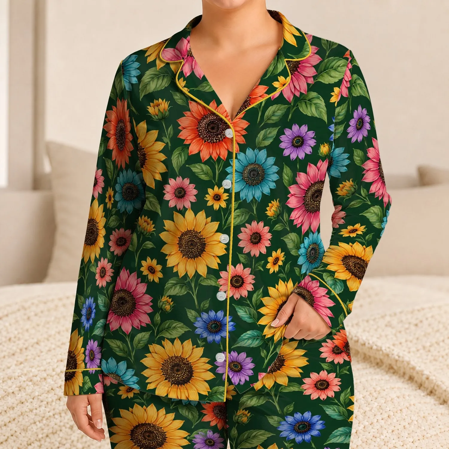 Rainbow Sunflower Blooms for Cozy Autumn Lounging and Relaxed Weekend Home Comfort Satin Pajamas Set - 1