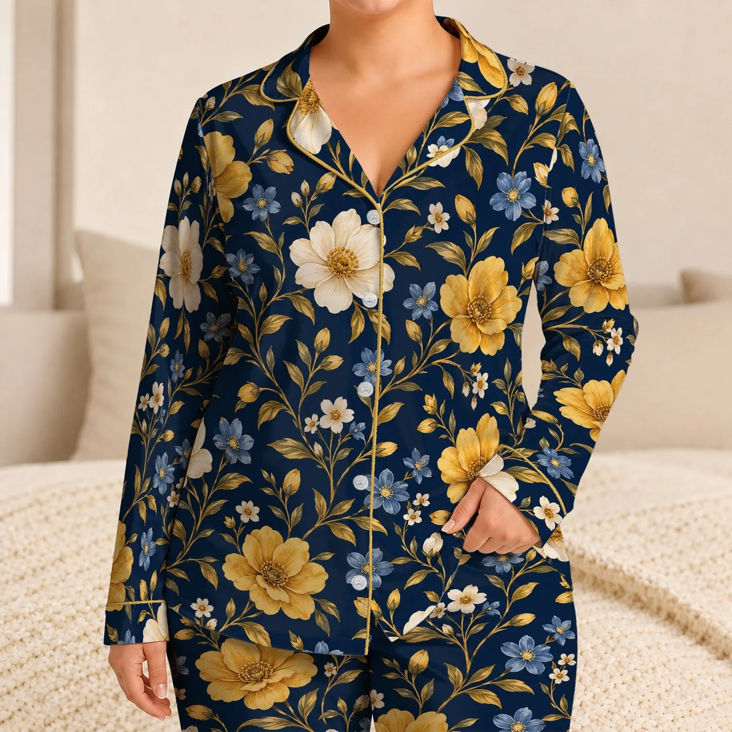 Navy Blue and Golden Wildflowers for Cozy Evenings and Relaxed Weekend Lounging Satin Pajamas Set - 1