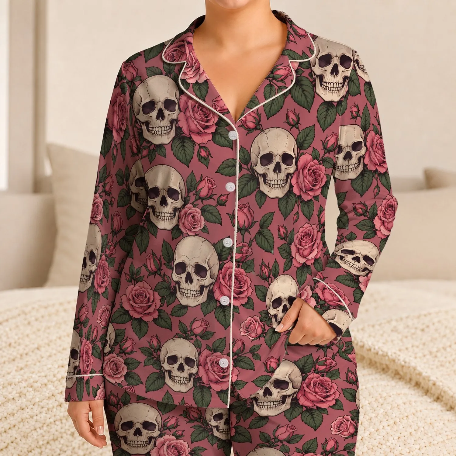 Skull and Rose Motif for Cozy Gothic Lounging and Relaxed Evenings Satin Pajamas Set - 1