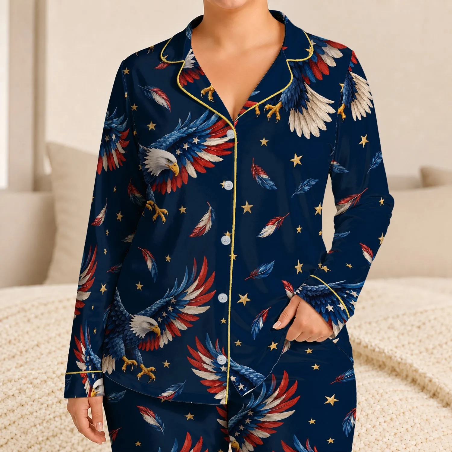 Bald Eagle And Golden Stars For Patriotic Lounging And Relaxed Evenings Satin Pajamas Set - 1