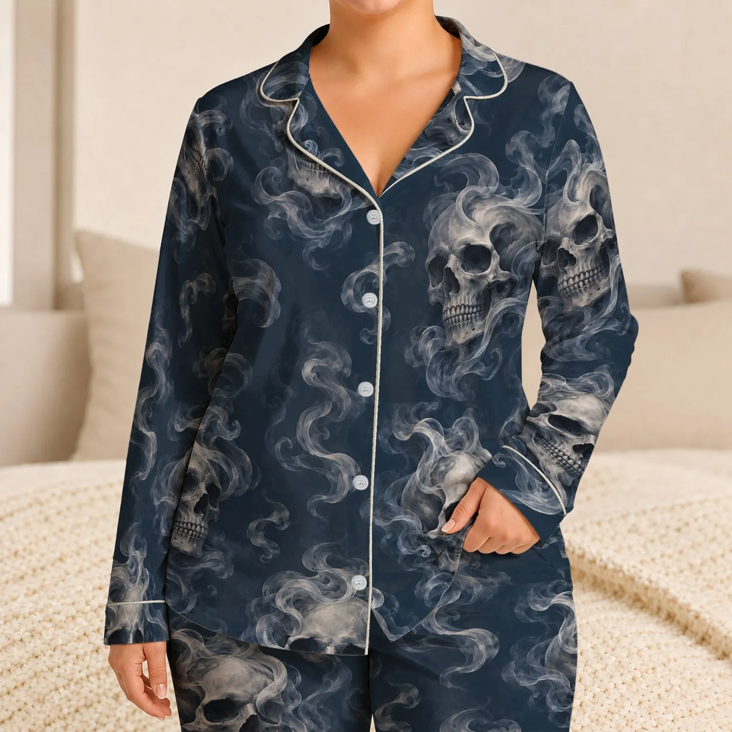 Surreal Smoke Skull Motifs for Alternative Lounge Style and Dark Aesthetic Fans Satin Pajamas Set - 1