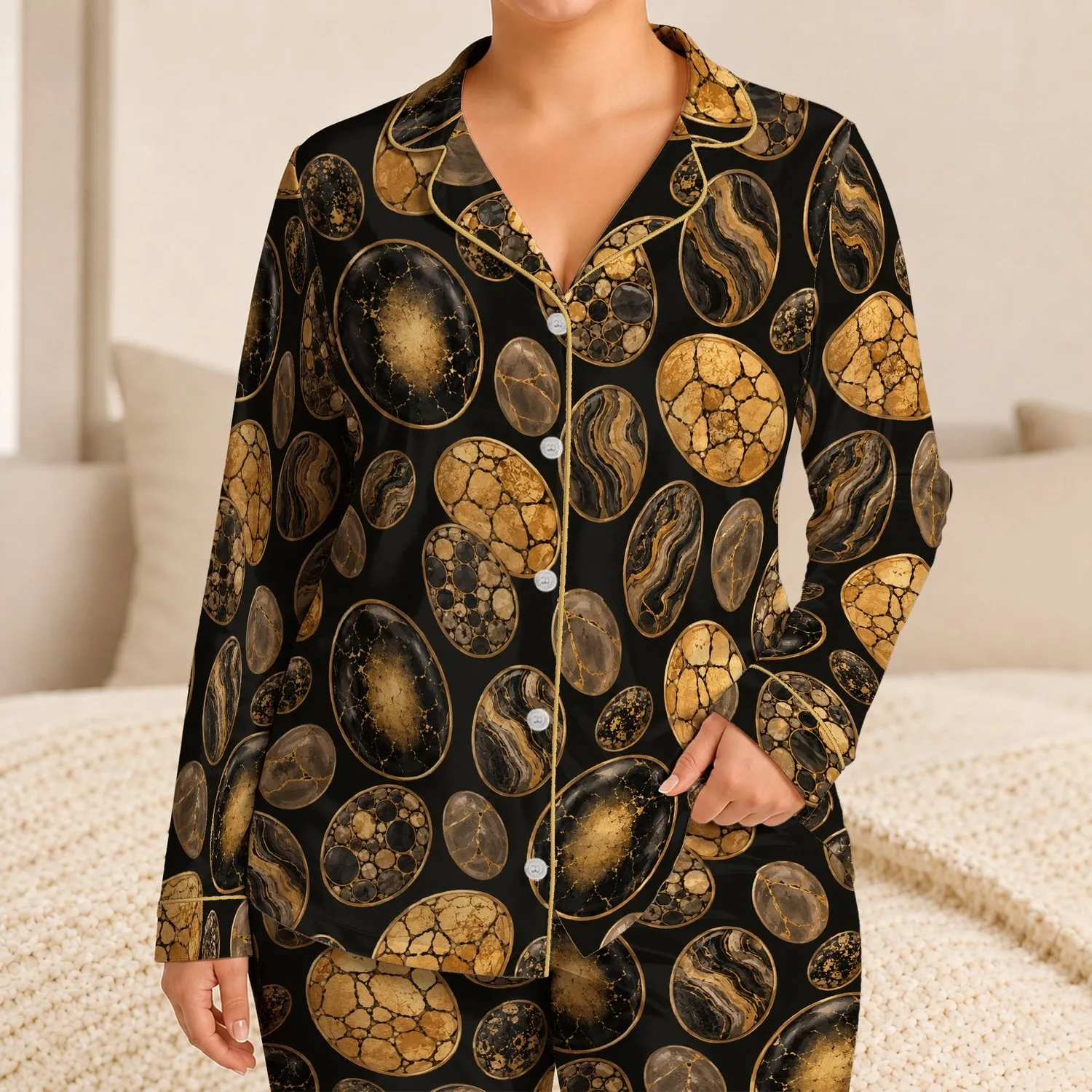 Golden Stone Ovals for Refined Lounge Style and Relaxed Evening Comfort at Home Satin Pajamas Set - 1