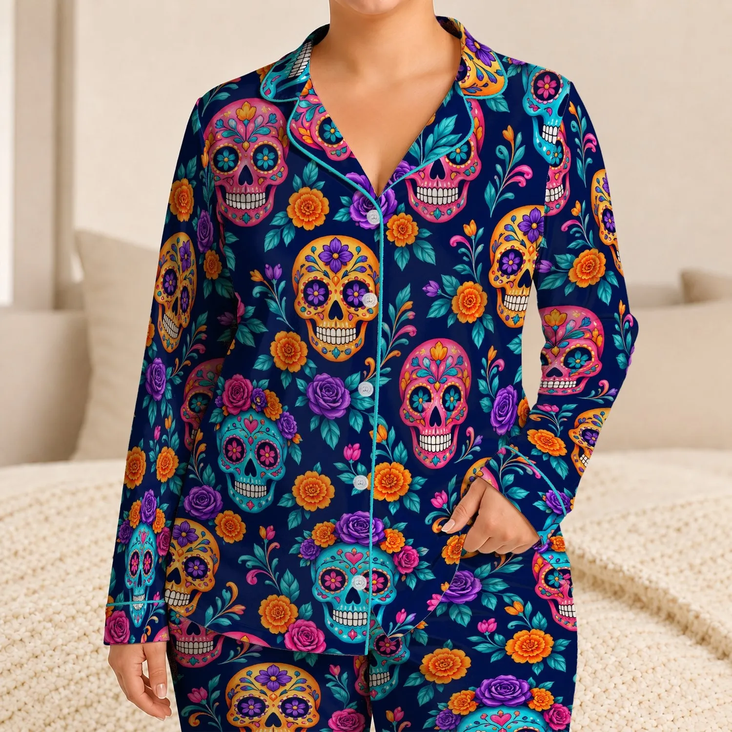Vibrant Floral Sugar Skulls for Day of the Dead Festive Lounge and Vacation Style Satin Pajamas Set - 1