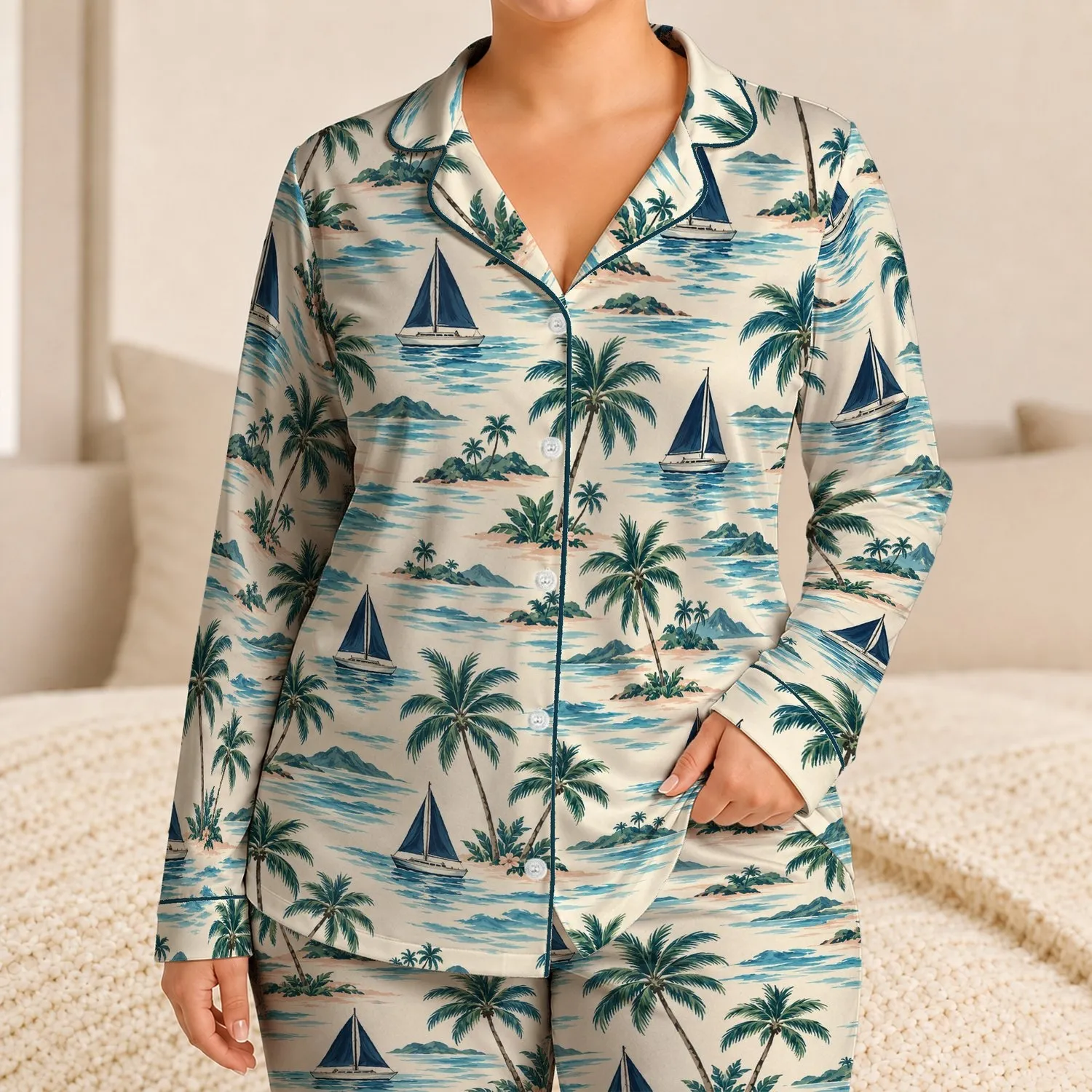 Tropical Palm Trees, Sailboats and Blue Waves for Relaxed Summer Coastal Living Style Satin Pajamas Set - 1