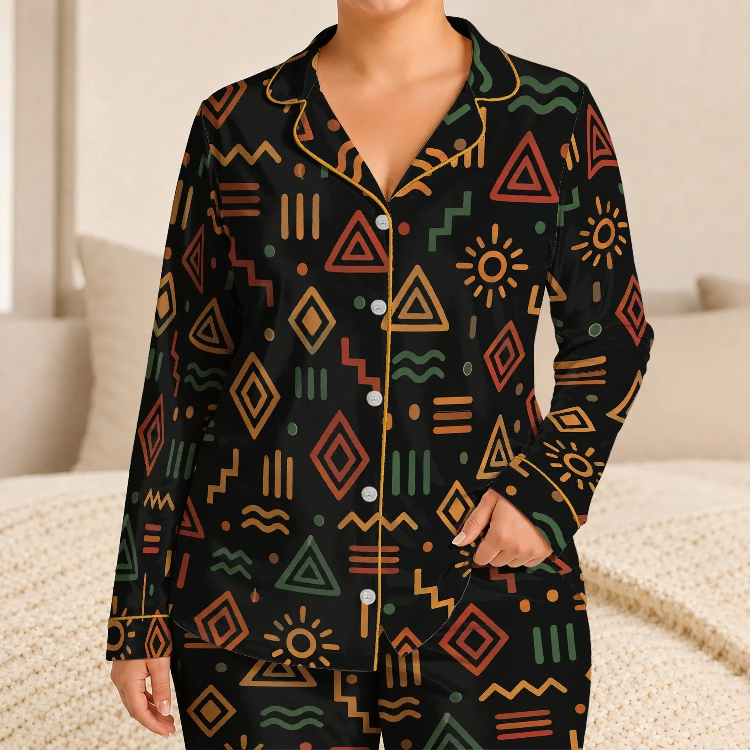 African Geometric Symbols for Relaxed Coastal Nights and Bold Weekend Lounging Style Satin Pajamas Set - 1