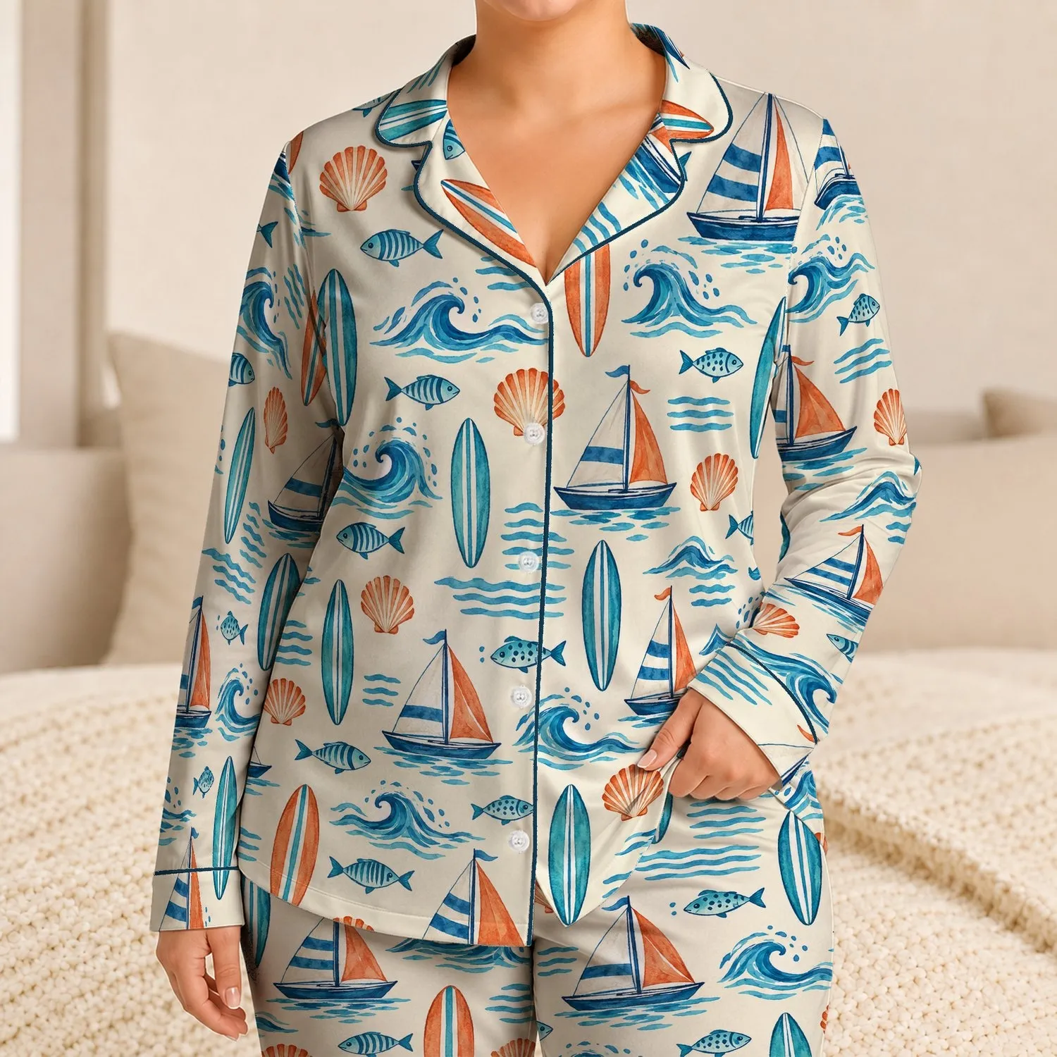 Coastal Waves, Sailboats And Shells For Relaxed Seaside Vacation Days And Ocean Lovers Satin Pajamas Set - 1