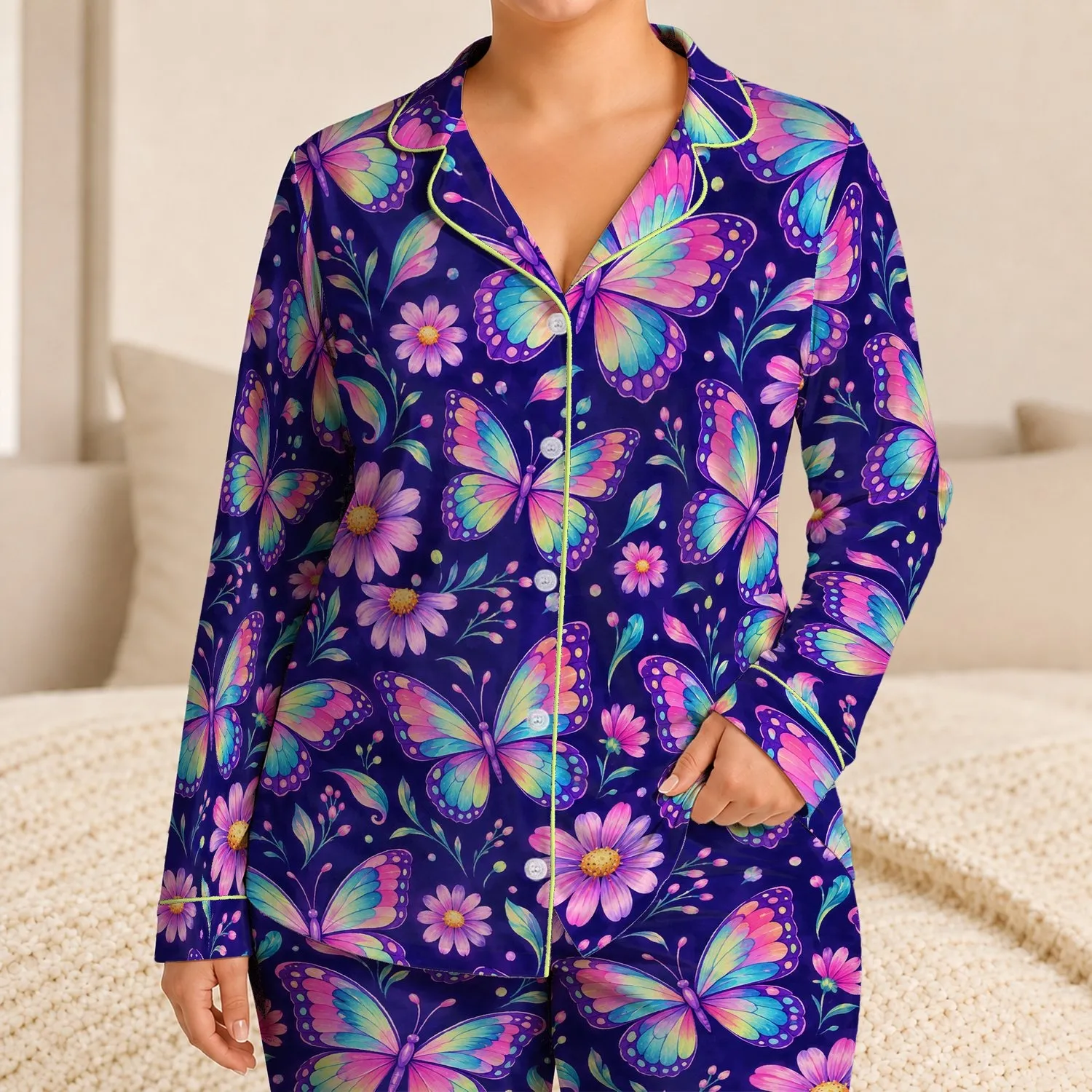 Dreamy Neon Butterfly and Daisy Motifs for Colorful Summer Beachside Vacation Lounging Satin Pajamas Set - 1