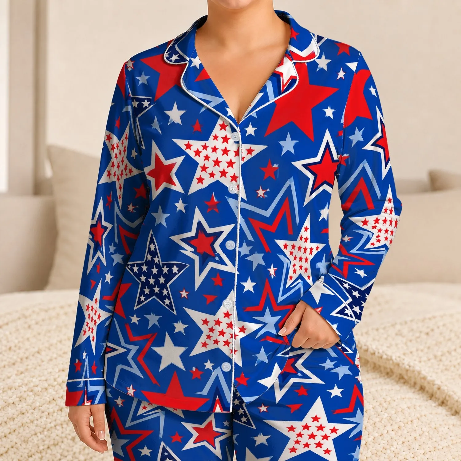 Patriotic Red White Blue Stars for Festive Lounging and Fourth of July Gifting Satin Pajamas Set - 1