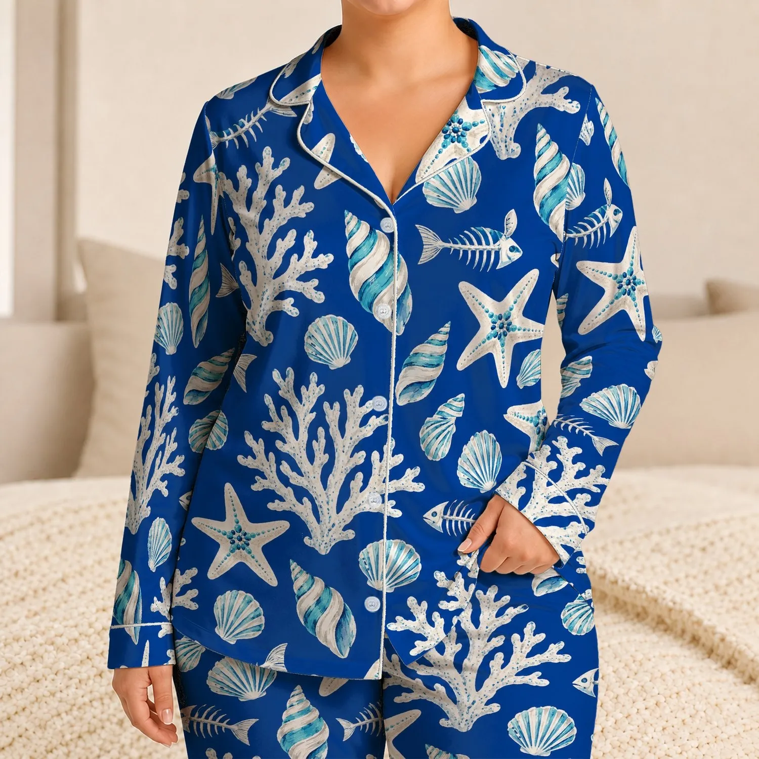 Deep Blue Coral and Starfish Coastal Escape for Relaxed Seaside Vacation Days Satin Pajamas Set - 1