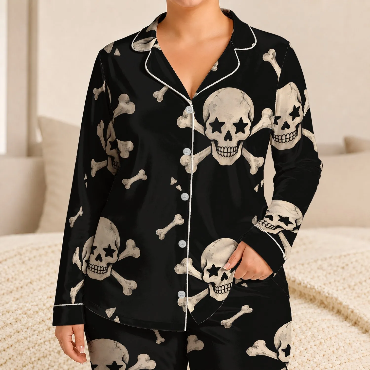 Ivory Skull And Crossbones Motifs For Coastal Lounging And Relaxed Summer Days Satin Pajamas Set - 1