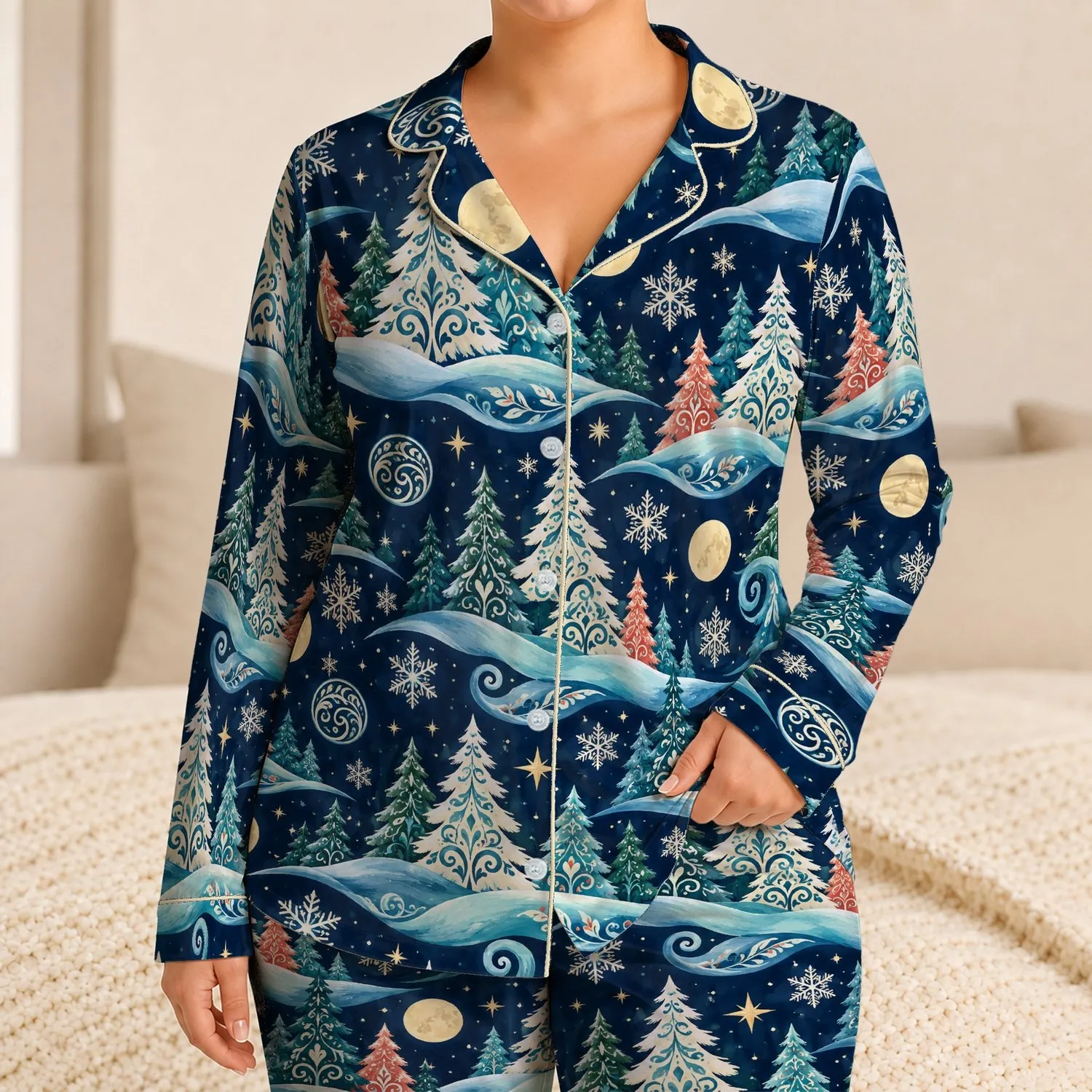 Moonlit Winter Forest and Snowflakes for Cozy Holiday Evenings and Fireside Lounging Satin Pajamas Set - 1