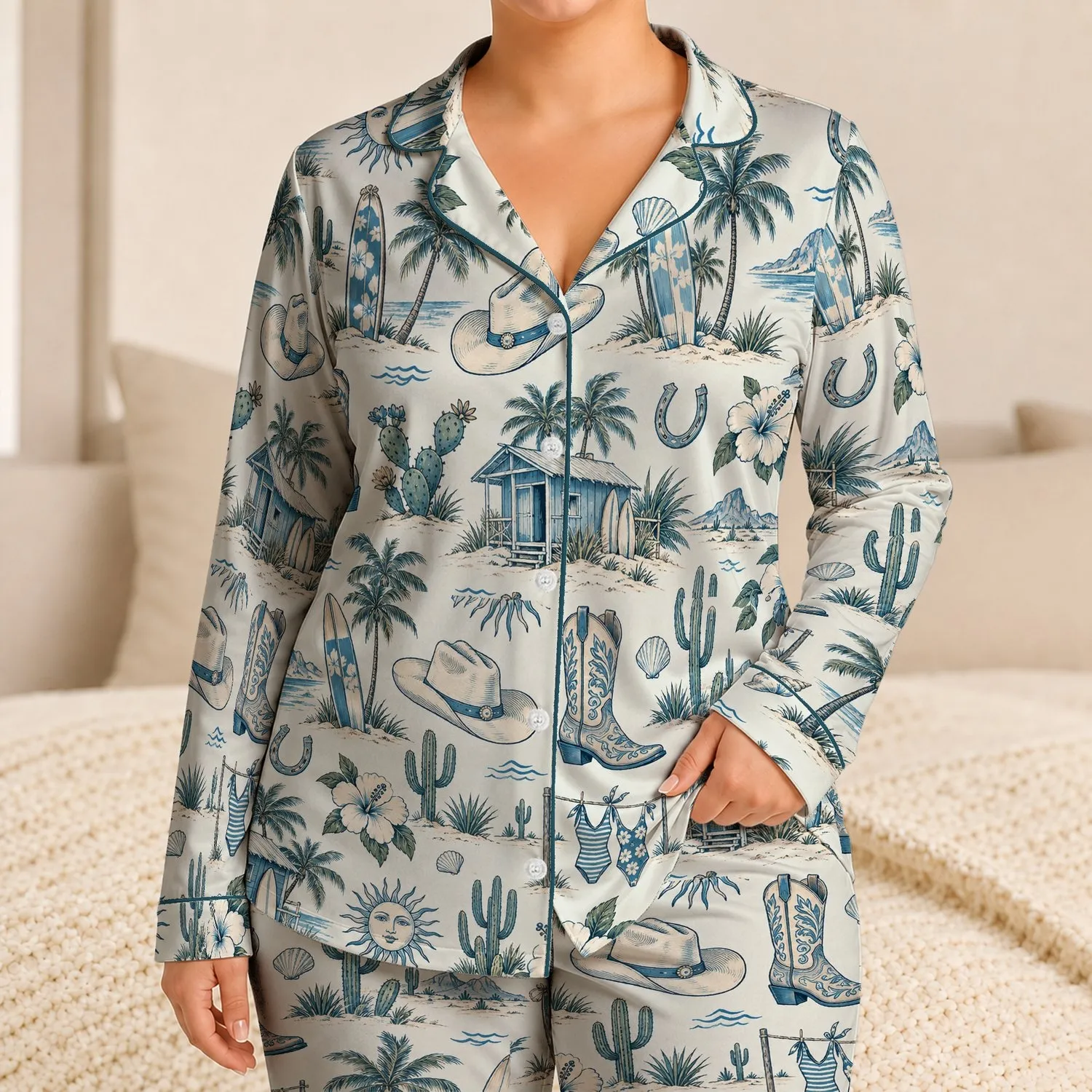 Western Coastal Icons for Relaxed Beach Vacation Days and Sunny Weekend Holiday Escapes Satin Pajamas Set - 1