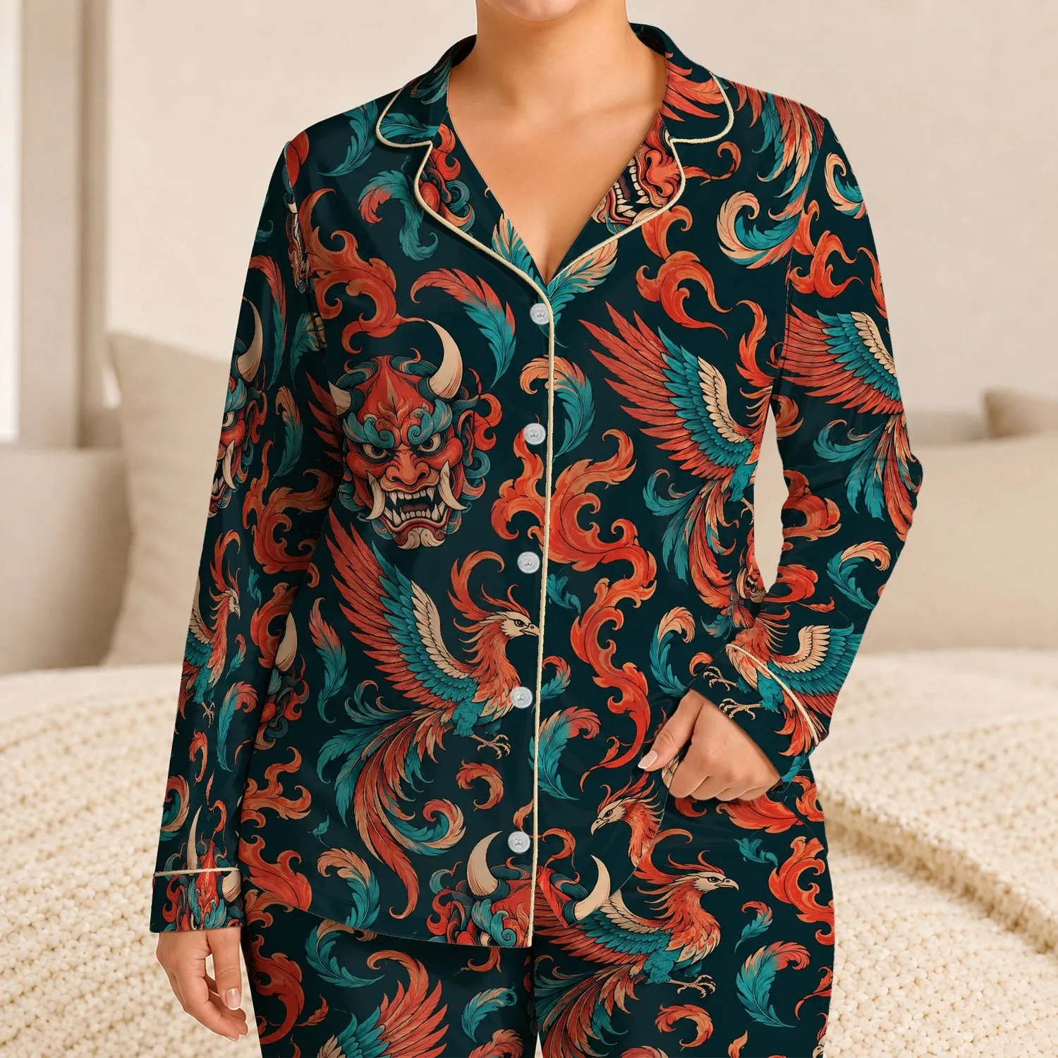 Flaming Oni Masks and Phoenix Wings for Bold Lounge Style and Distinctive Gift Giving Satin Pajamas Set - 1