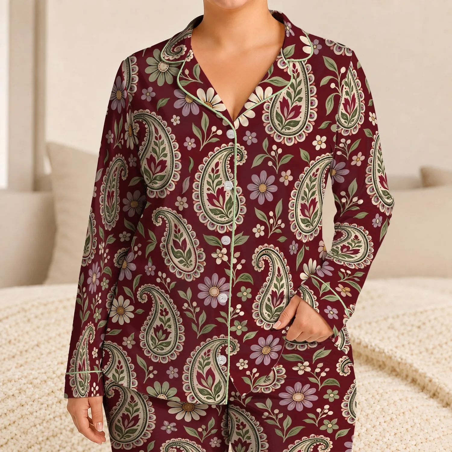 Burgundy Paisley and Daisy Motifs for Relaxed Evenings and Weekend Lounging Satin Pajamas Set - 1