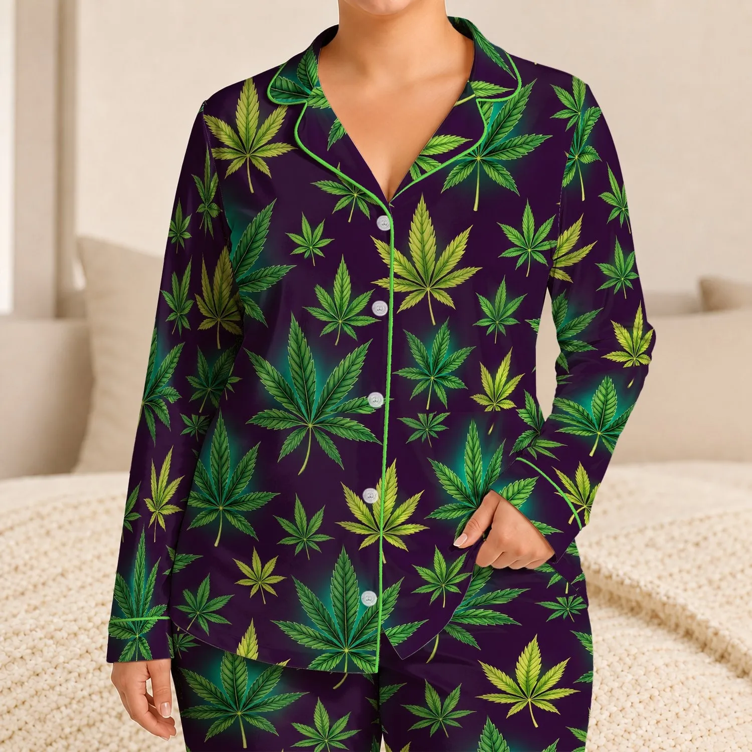 Luminous Green Cannabis Leaves for Relaxed Evenings and Cozy Lounging at Home for Adults Satin Pajamas Set - 1