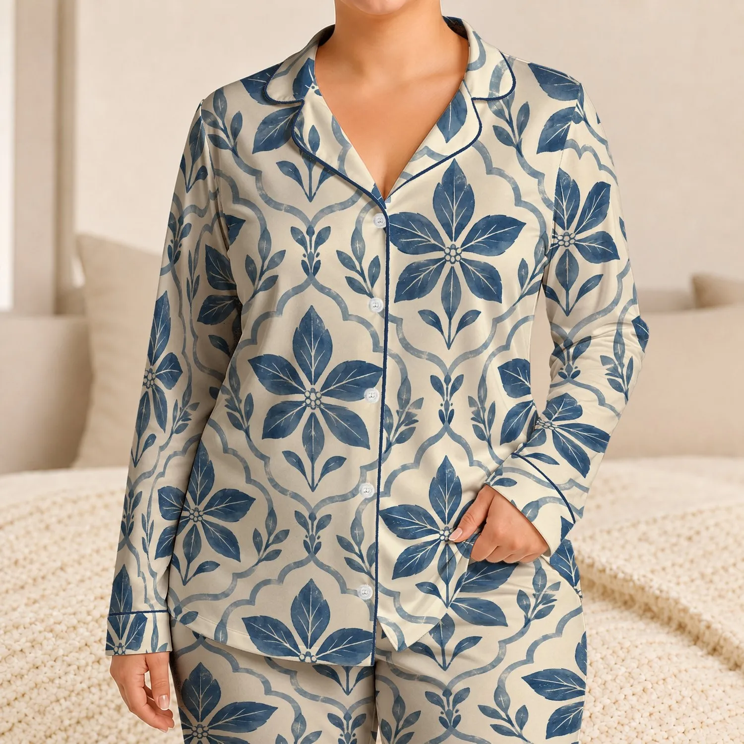 Indigo Botanical Medallions for Coastal Getaways and Relaxed Seaside Morning Escapes Satin Pajamas Set - 1