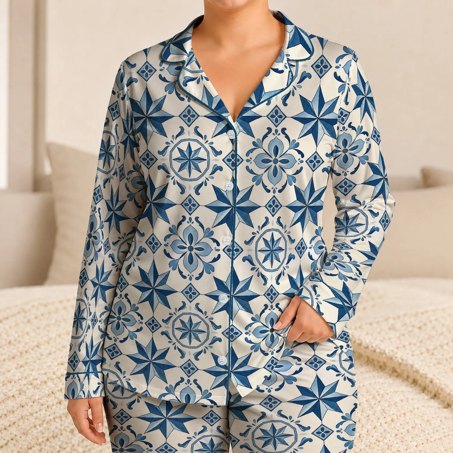 Blue Geometric Starbursts for Coastal Getaways and Relaxed Weekend Lounging by the Sea Satin Pajamas Set - 1