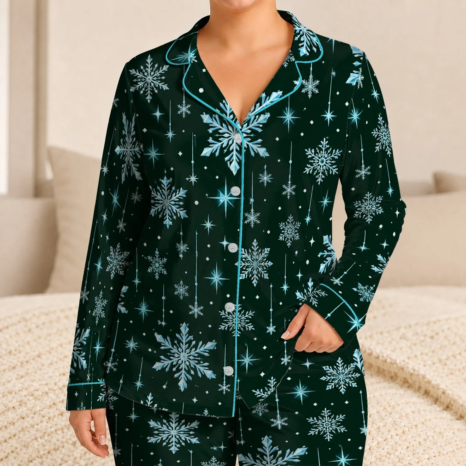 Icy Cyan Snowflakes and Falling Stars for Cozy Winter Nights and Seasonal Gifting Satin Pajamas Set - 1