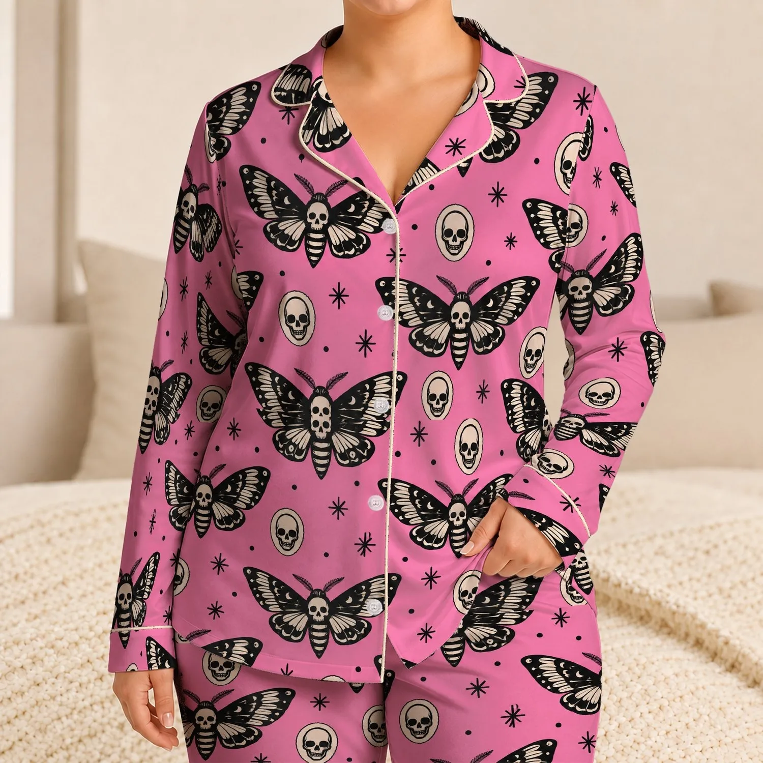 Skull Moth and Ivory Cameo Motifs for Playful Gothic Lounging and Alternative Style Lovers Satin Pajamas Set - 1