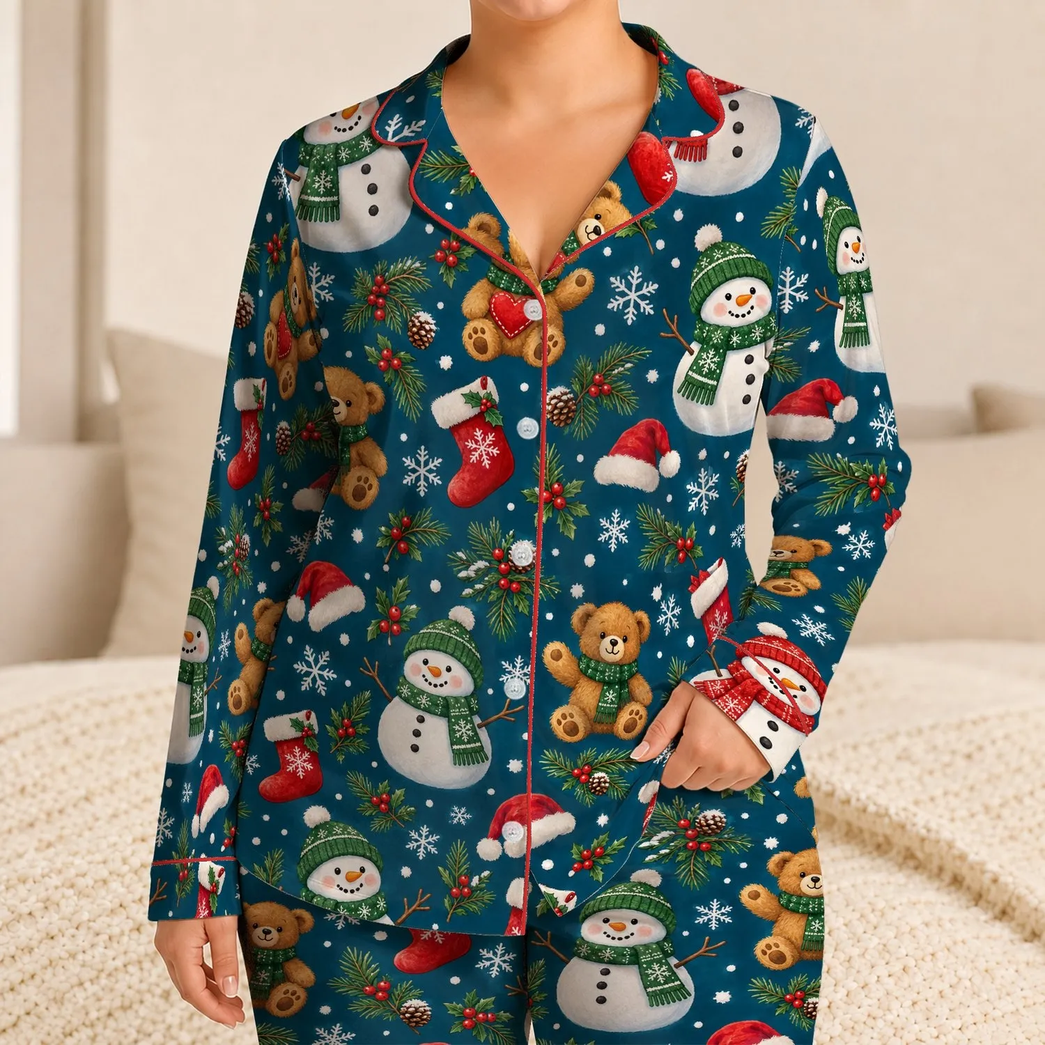 Cheerful Snowmen, Teddy Bears and Snowflakes for Cozy Christmas Eve Holiday Lounging Satin Pajamas Set - 1