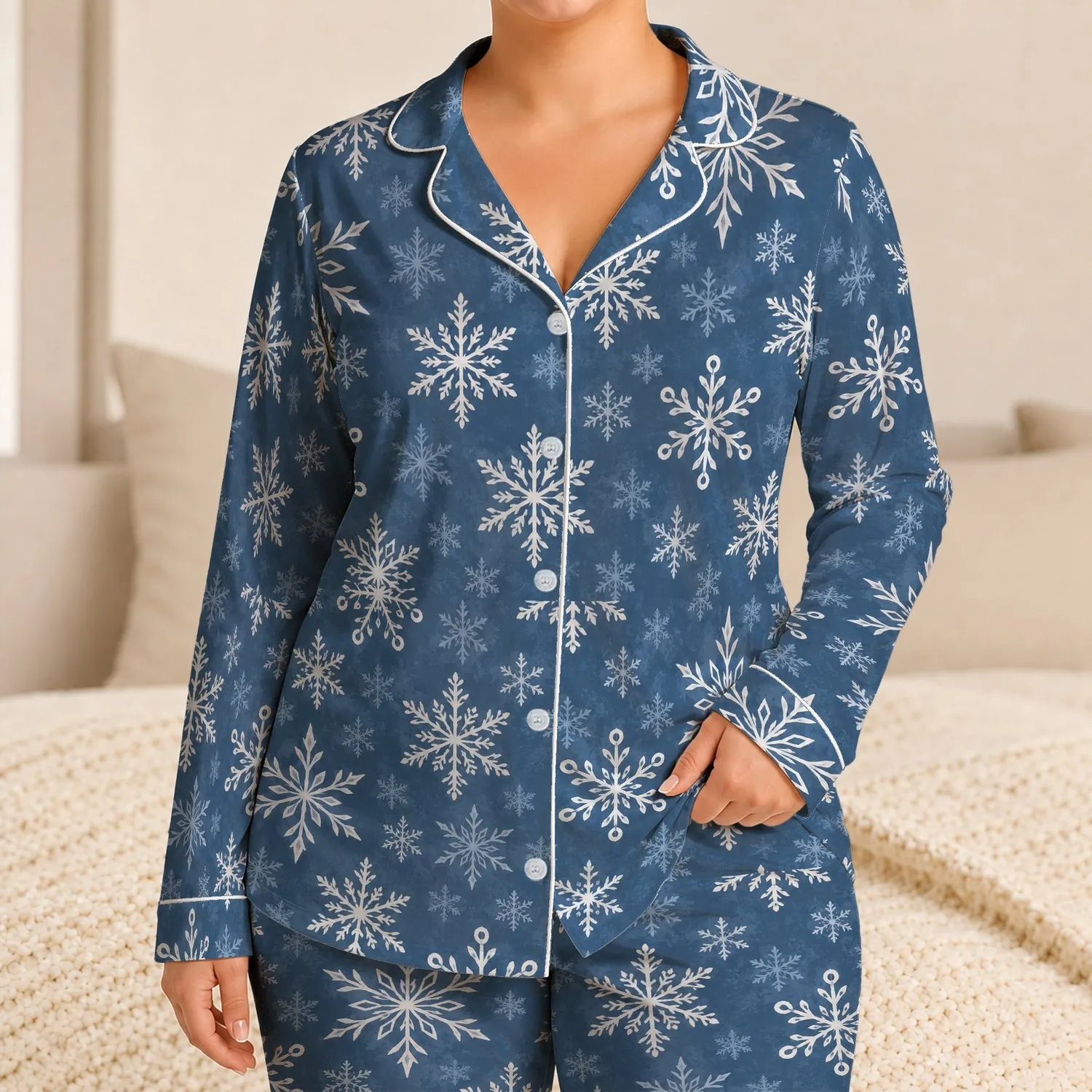 Blue Snowflake Motifs for Cozy Winter Evenings, Lounging, and Holiday Mornings Satin Pajamas Set - 1