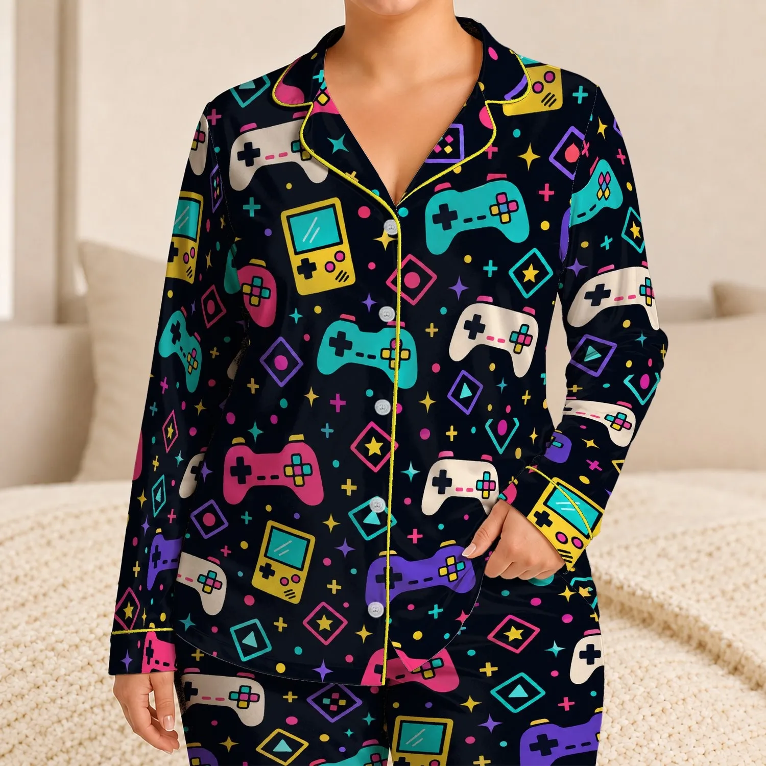 Retro Arcade Controllers and Handheld Games for Cozy Gamer Lounging Satin Pajamas Set - 1