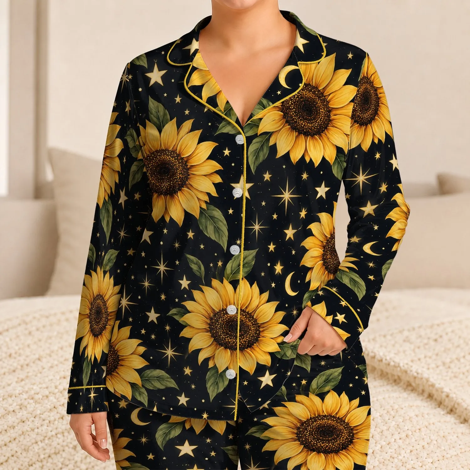 Golden Sunflowers And Starlight For Cozy Nights And Relaxed Weekend Lounging At Home Satin Pajamas Set - 1