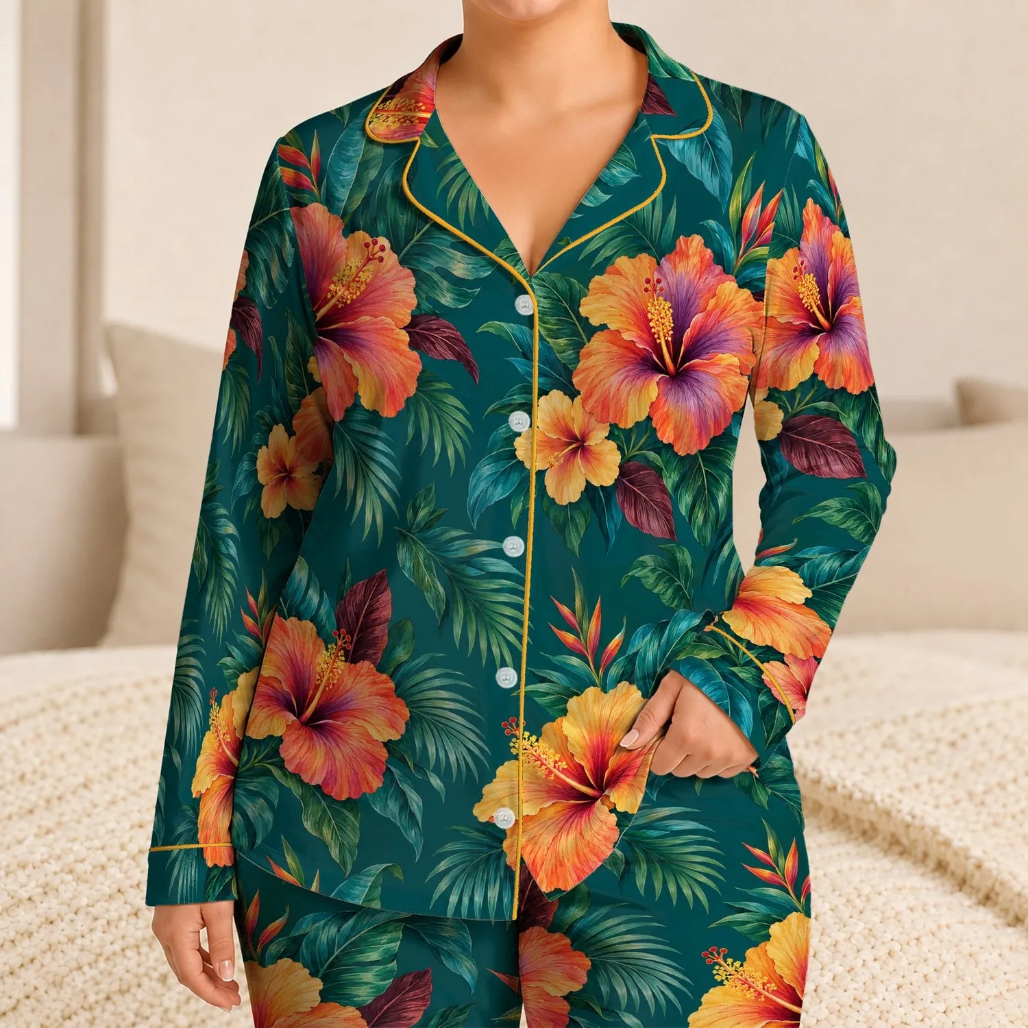 Tropical Hibiscus and Teal Foliage for Colorful Relaxed Everyday Lounging Satin Pajamas Set - 1