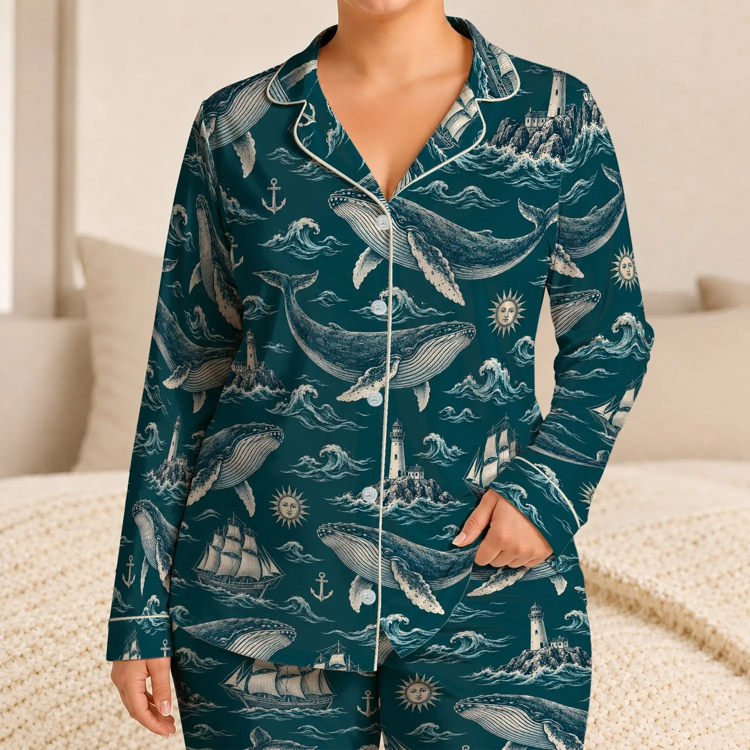 Vintage Whale And Nautical Motifs For Relaxed Coastal Days And Summer Ocean Lovers Satin Pajamas Set - 1