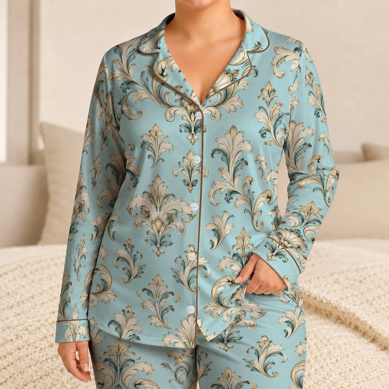 Ivory Baroque Scrollwork for Seaside Getaways and Relaxed Coastal Living Satin Pajamas Set - 1