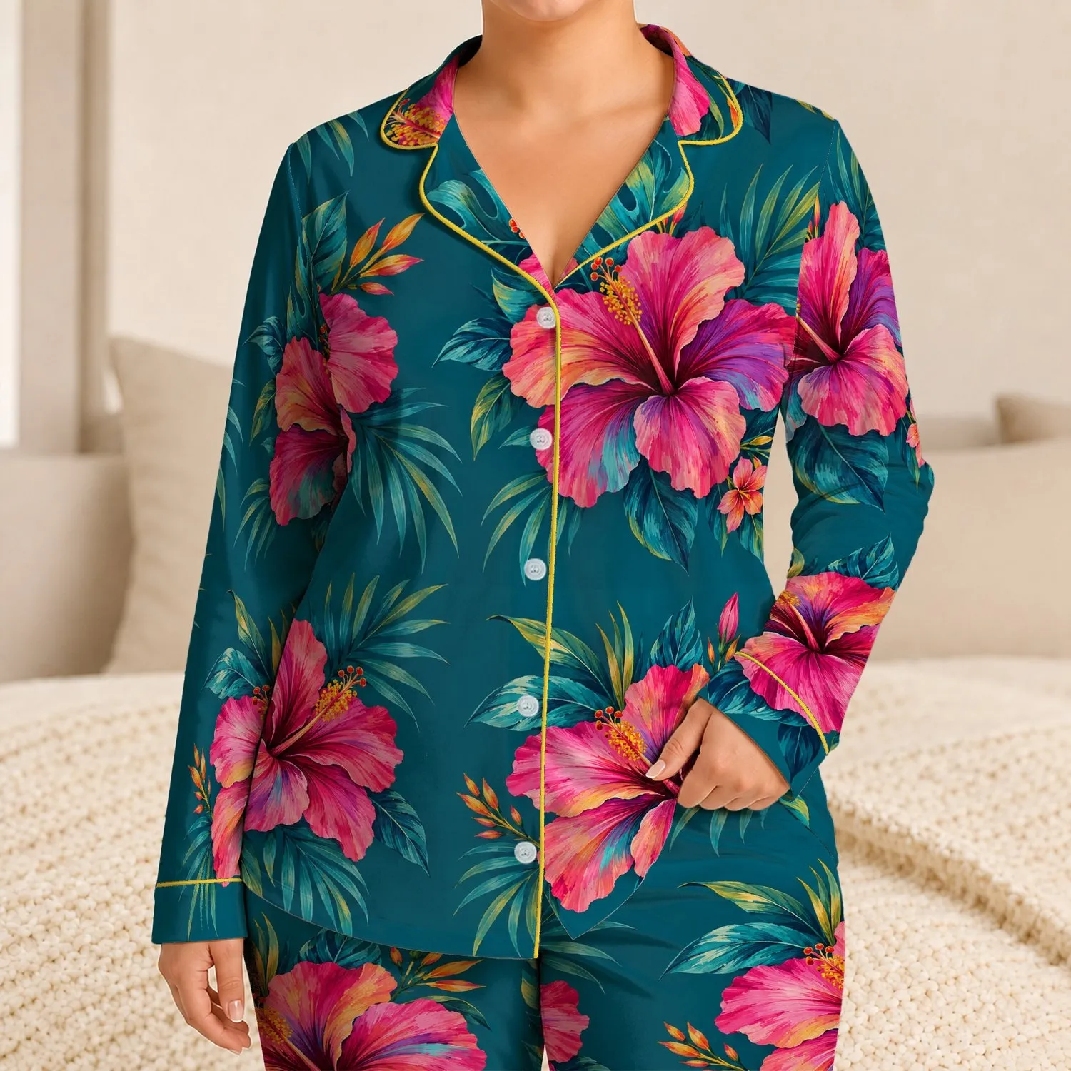 Vibrant Tropical Hibiscus Blooms for Sunny Beach Escapes and Colorful Summer Getaways Satin Pajamas Set - 1