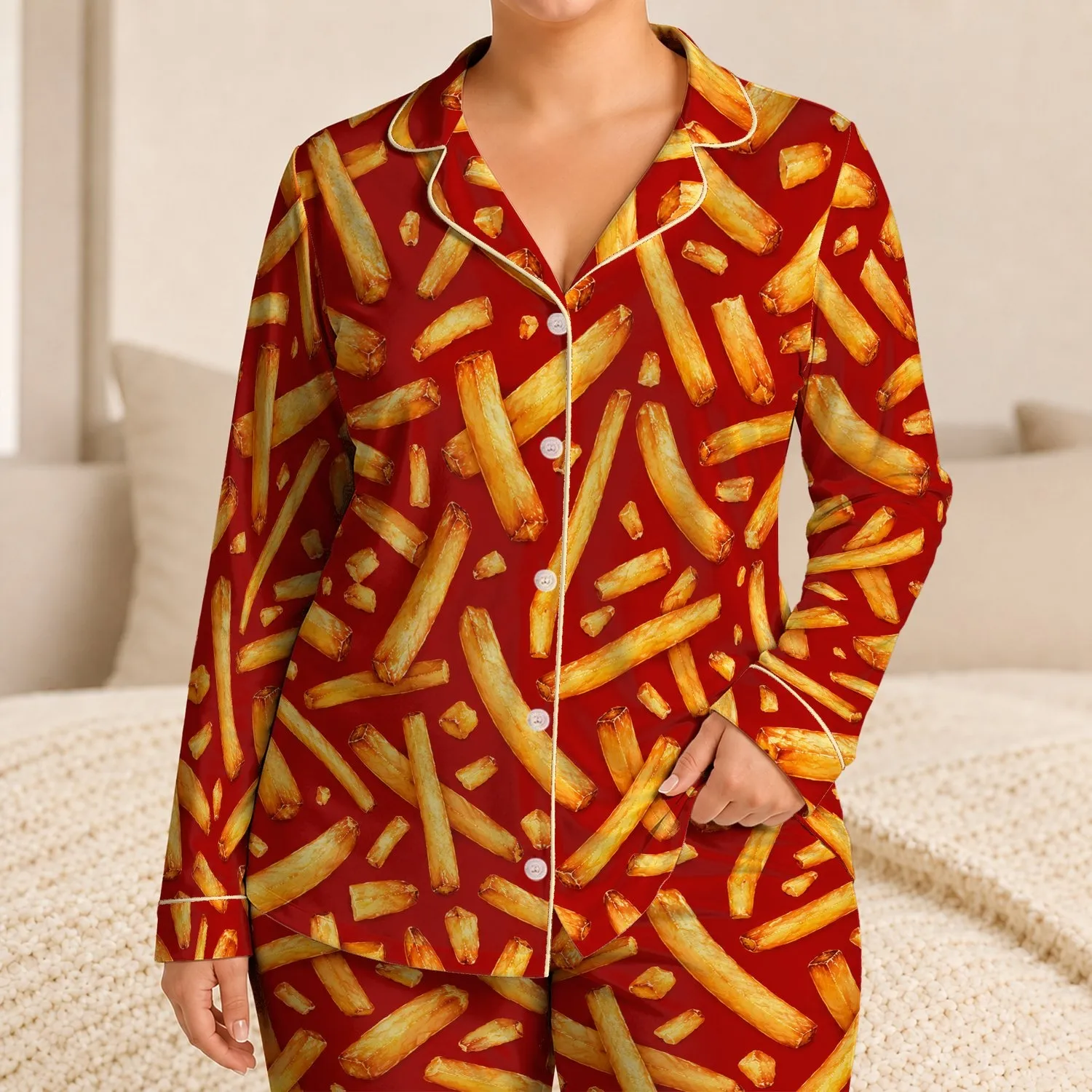 Golden French Fries and Ketchup Tones for Cozy Movie Nights and Casual Lounging Satin Pajamas Set - 1