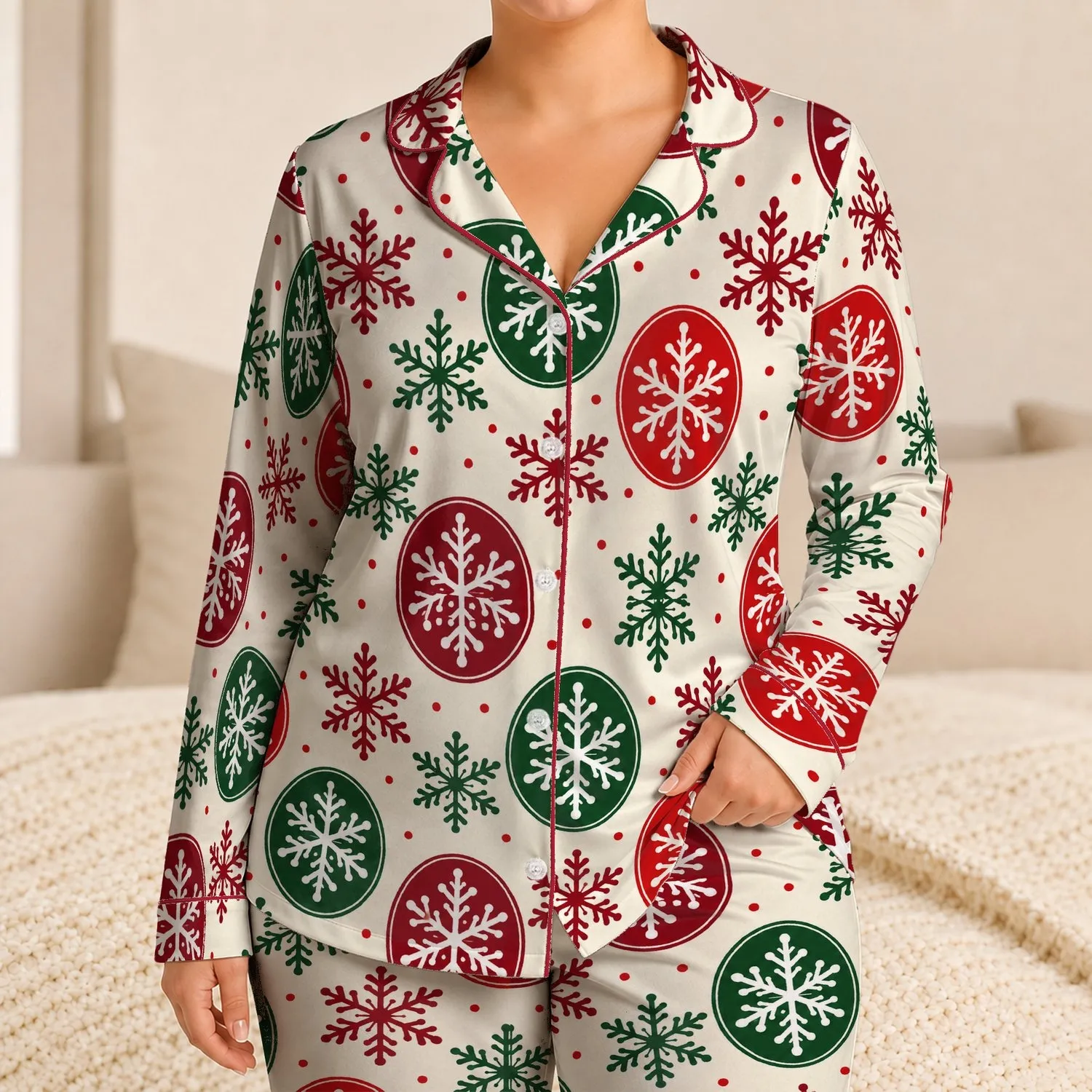 Red and Green Snowflake Ornaments for Cozy Winter Nights and Festive Holiday Gifting Satin Pajamas Set - 1