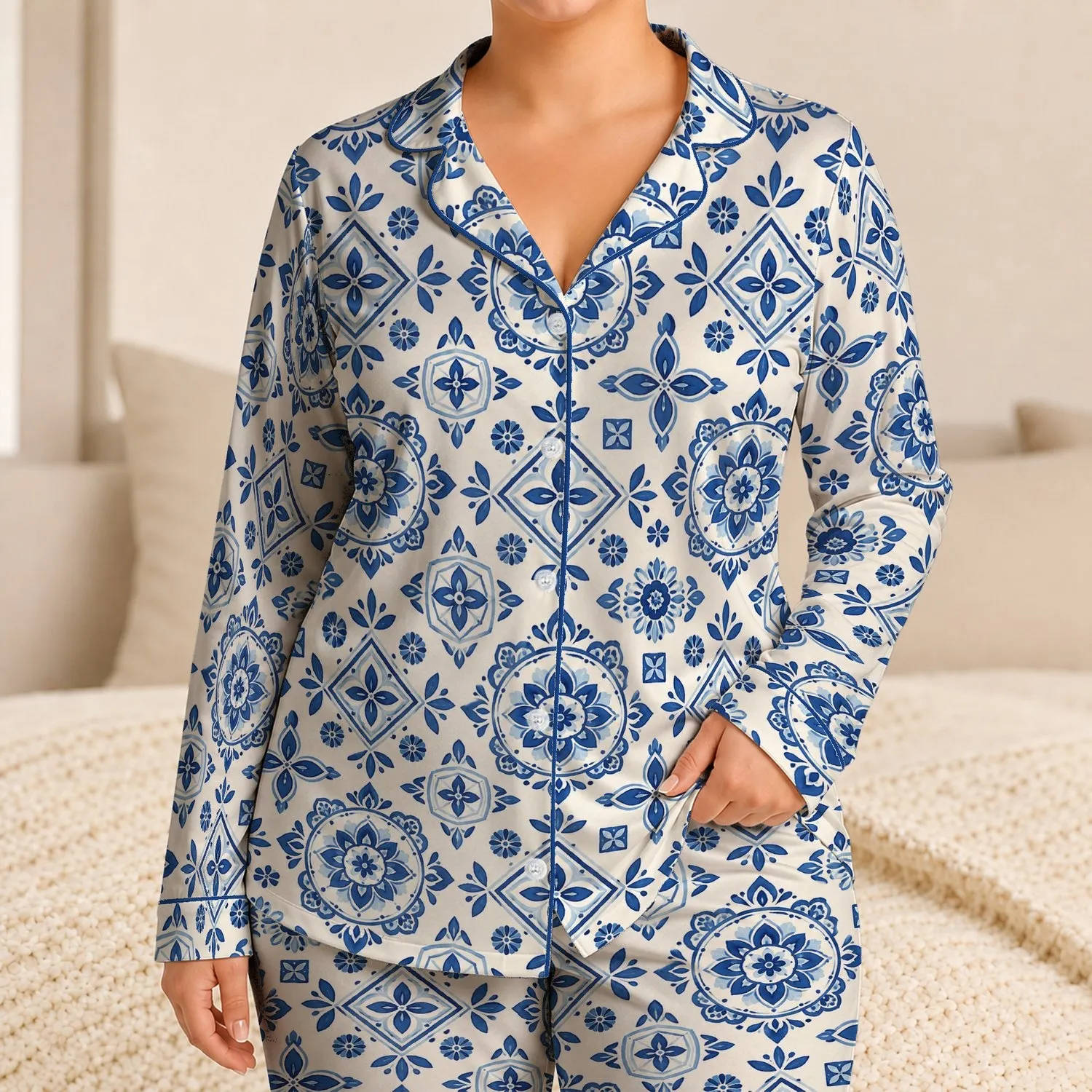 Blue Mandala Geometry for Seaside Getaways and Relaxed Coastal Lounging Style for Men Satin Pajamas Set - 1