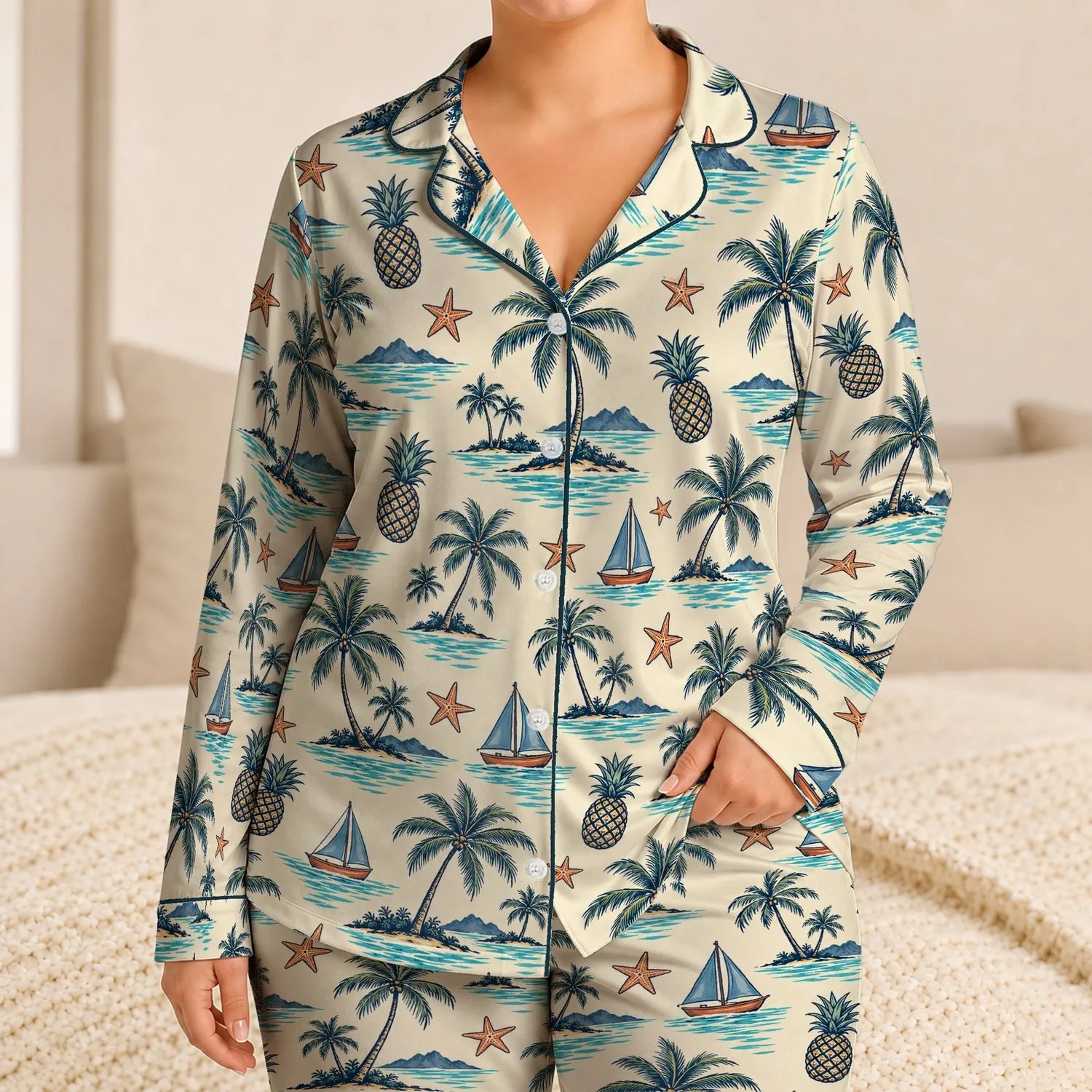 Tropical Island Palms, Pineapples and Sailboats for Easy Seaside Escapes All Summer Satin Pajamas Set - 1