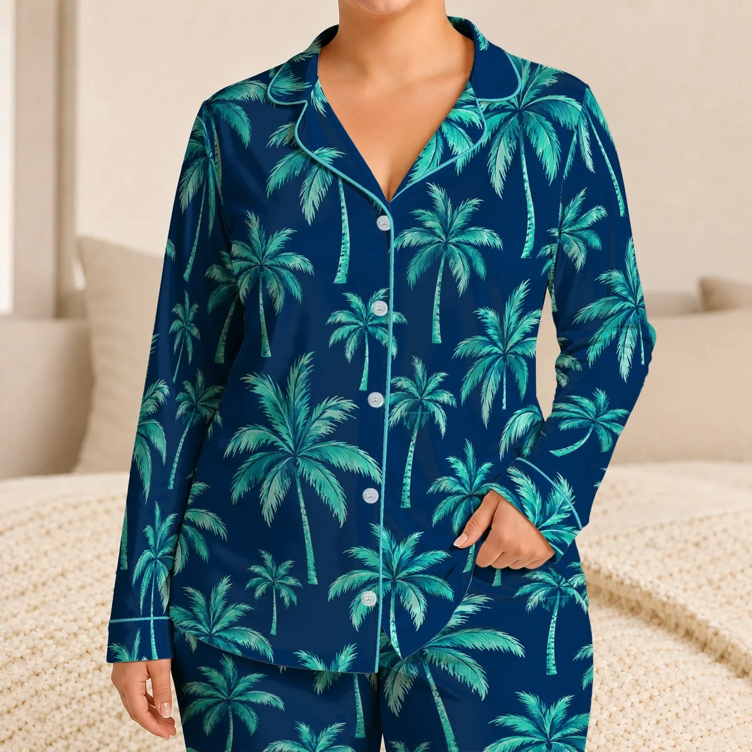 Turquoise Palm Trees for Relaxed Coastal Getaways and Tropical Beach Escapes for Men Satin Pajamas Set - 1