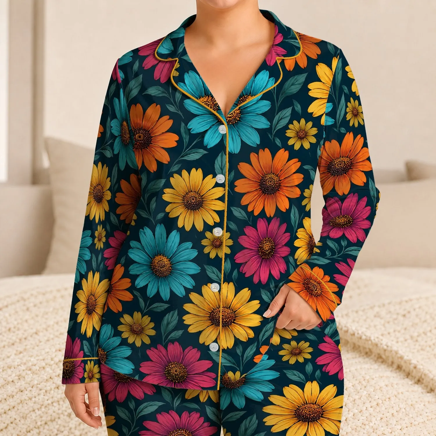 Vibrant Teal Garden Daisies for Relaxed Evenings and Colorful At-Home Style Gifts Satin Pajamas Set - 1