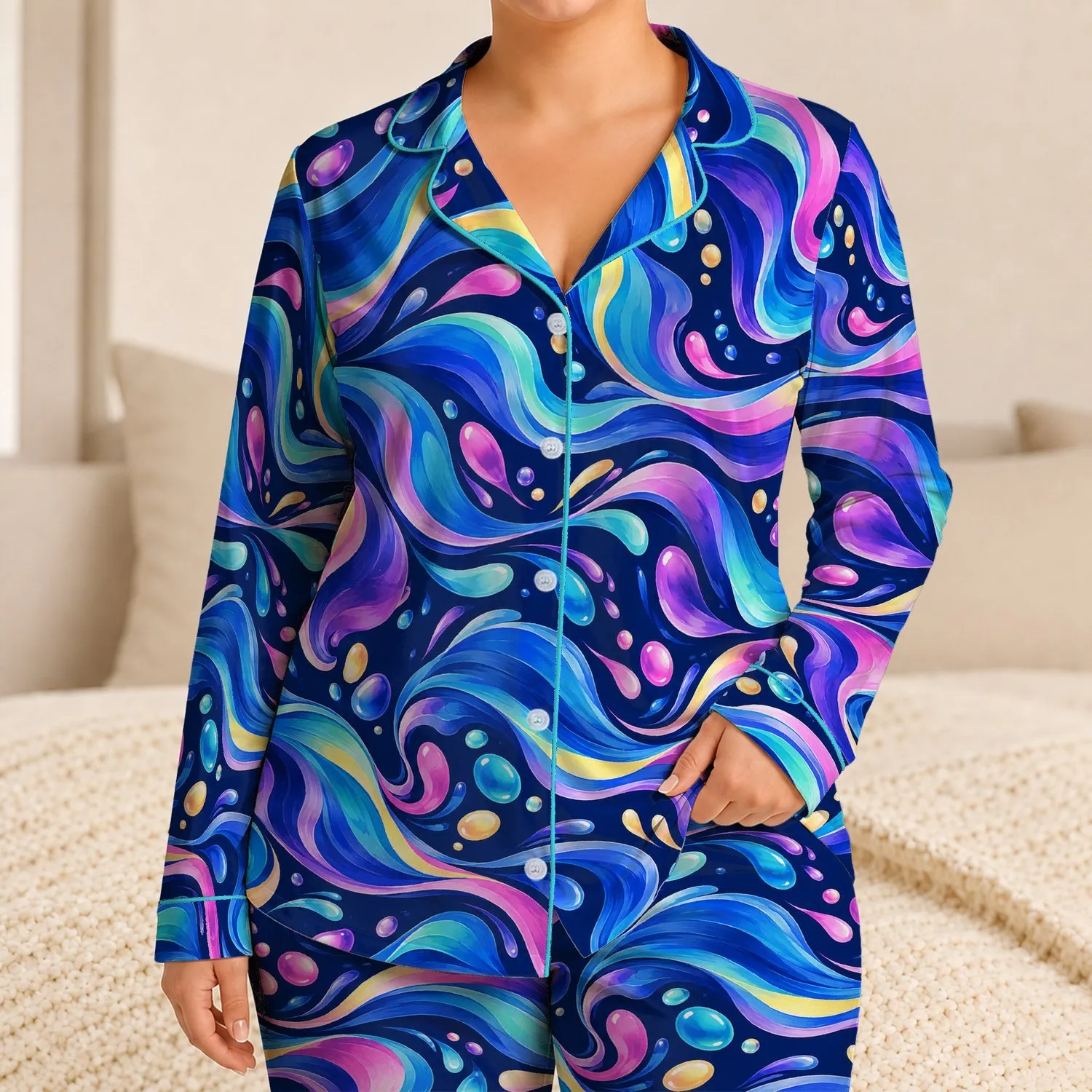 Iridescent Ocean Waves and Neon Fluid Ribbons for Relaxed Summer Beach Getaways Satin Pajamas Set - 1