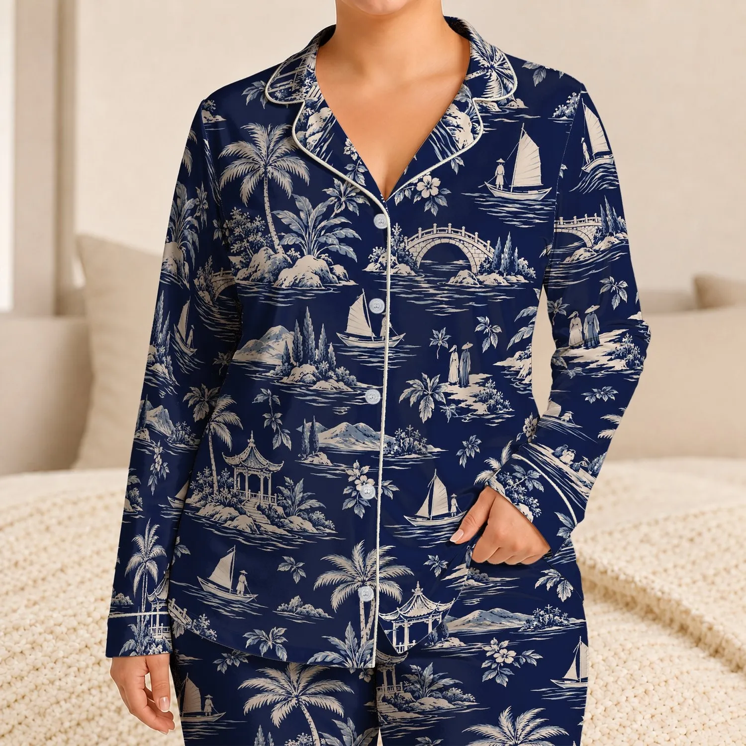 Navy Coastal Scenes for Relaxed Beachside Getaways and Seaside Lounging Satin Pajamas Set - 1