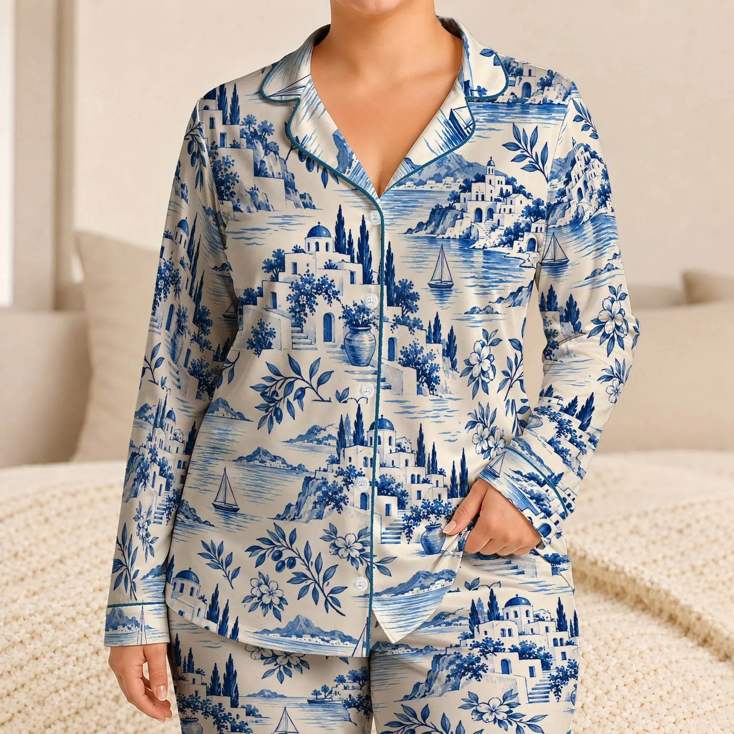 Mediterranean Coastal Village and Sailboats for Relaxed Seaside Summer Getaways Satin Pajamas Set - 1