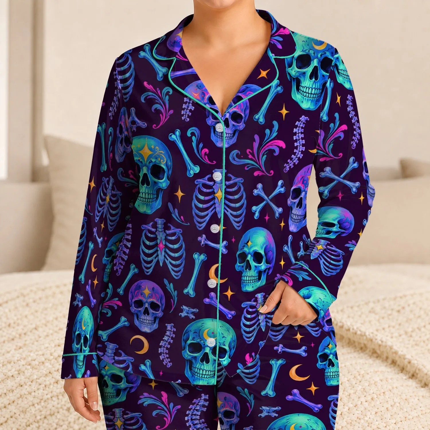Neon Cyberpunk Skulls and Bones for Bold Nights and Alternative Streetwear Style Satin Pajamas Set - 1