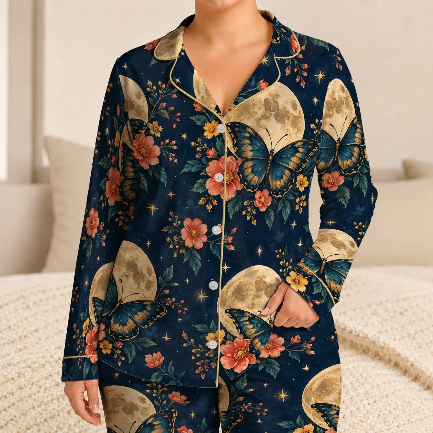 Moonlit Butterfly And Full Moon Botanicals For Summer Beach And Coastal Night Escapes Satin Pajamas Set - 1