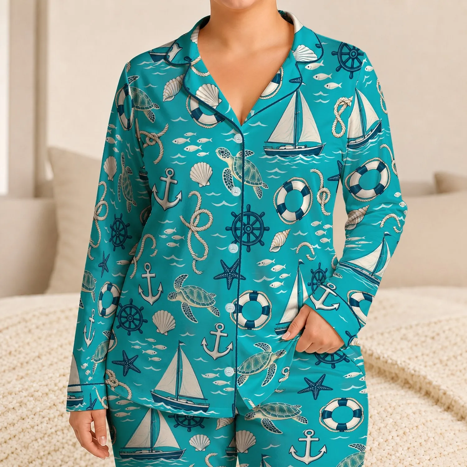 Lake Blue Nautical Sailboats and Ocean Icons for Seaside Getaways and Coastal Living Satin Pajamas Set - 1